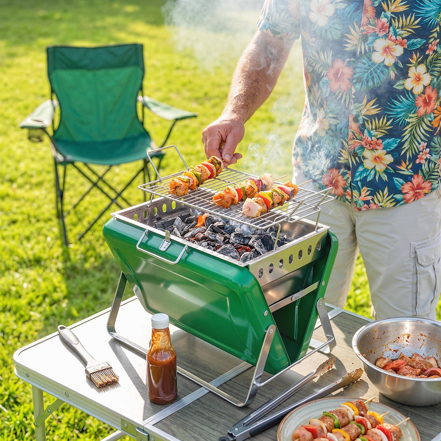 Portable BBQ Grill, Folding Charcoal Barbecue Grill with Handle and Foldable Legs for Camping Garden Outdoor Cooking, Dark Green