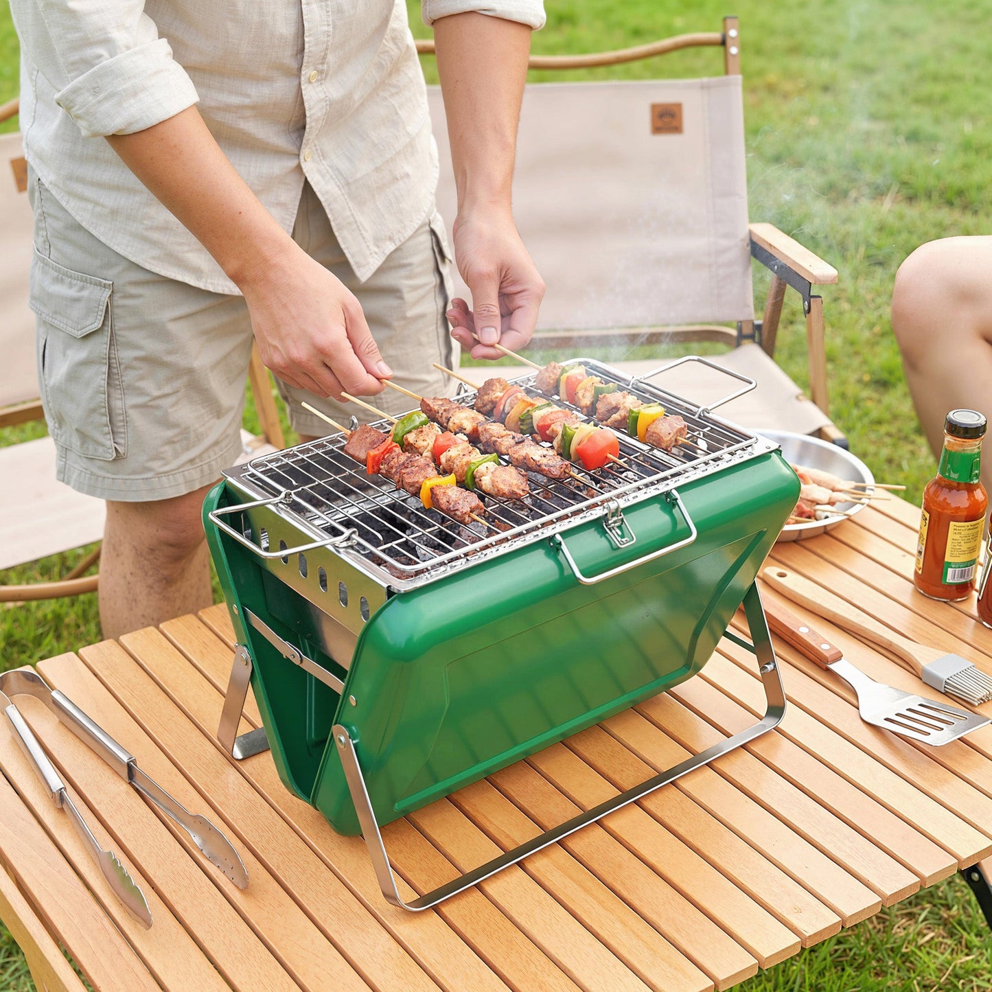 Portable BBQ Grill, Folding Charcoal Barbecue Grill with Handle and Foldable Legs for Camping Garden Outdoor Cooking, Dark Green