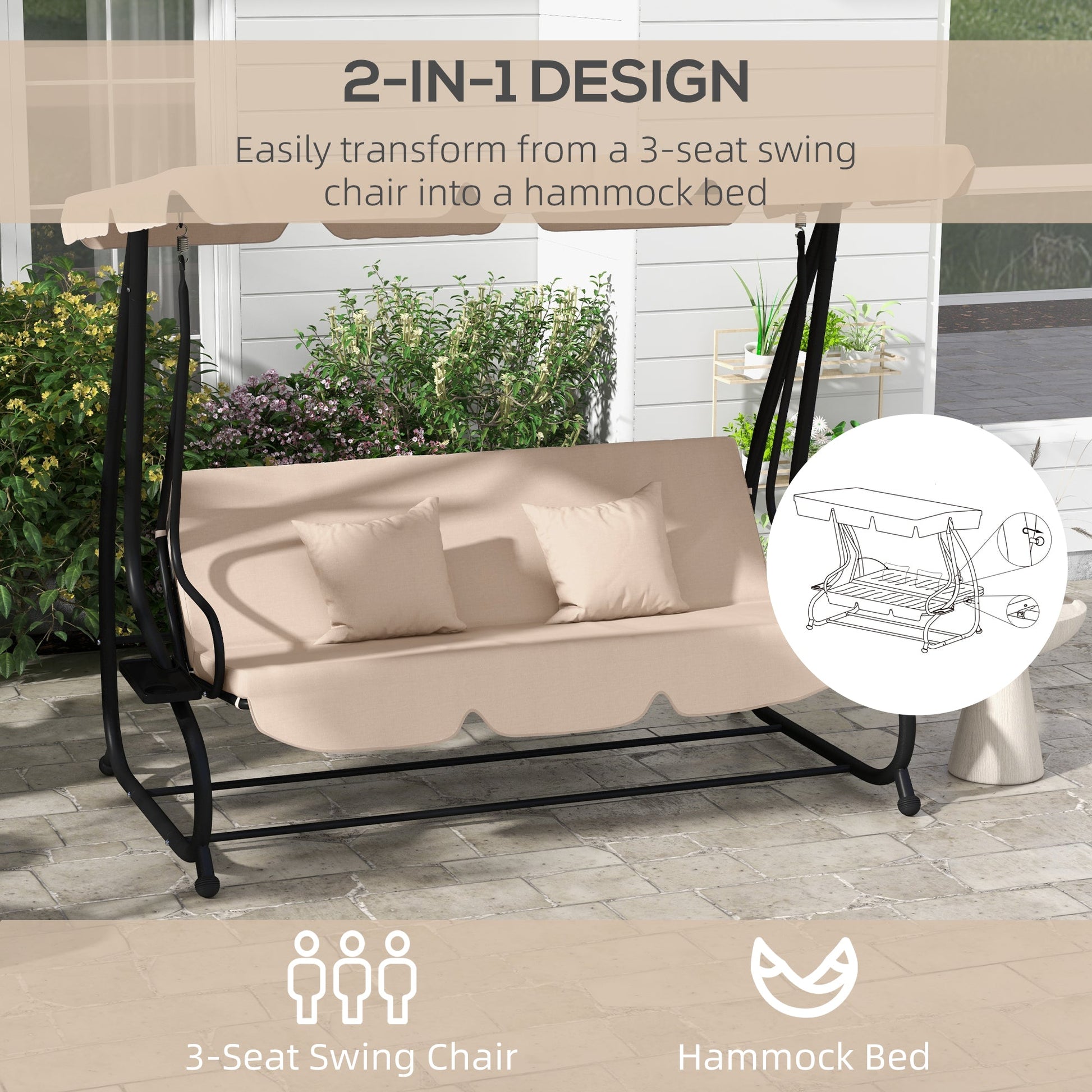 2-in-1 Garden Swing Seat Bed, 3 Seater Convertible Swing Chair Bench with Tilting Canopy, Cushioned Seat and 2 Pillows for Patio, Garden, Light Brown