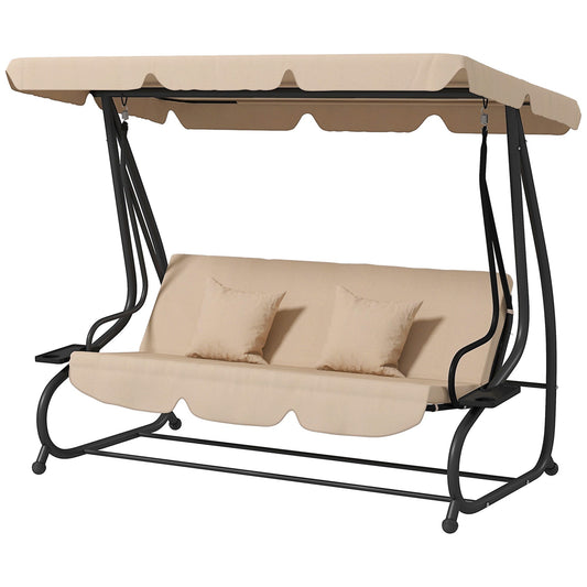 2-in-1 Garden Swing Seat Bed, 3 Seater Convertible Swing Chair Bench with Tilting Canopy, Cushioned Seat and 2 Pillows for Patio, Garden, Light Brown
