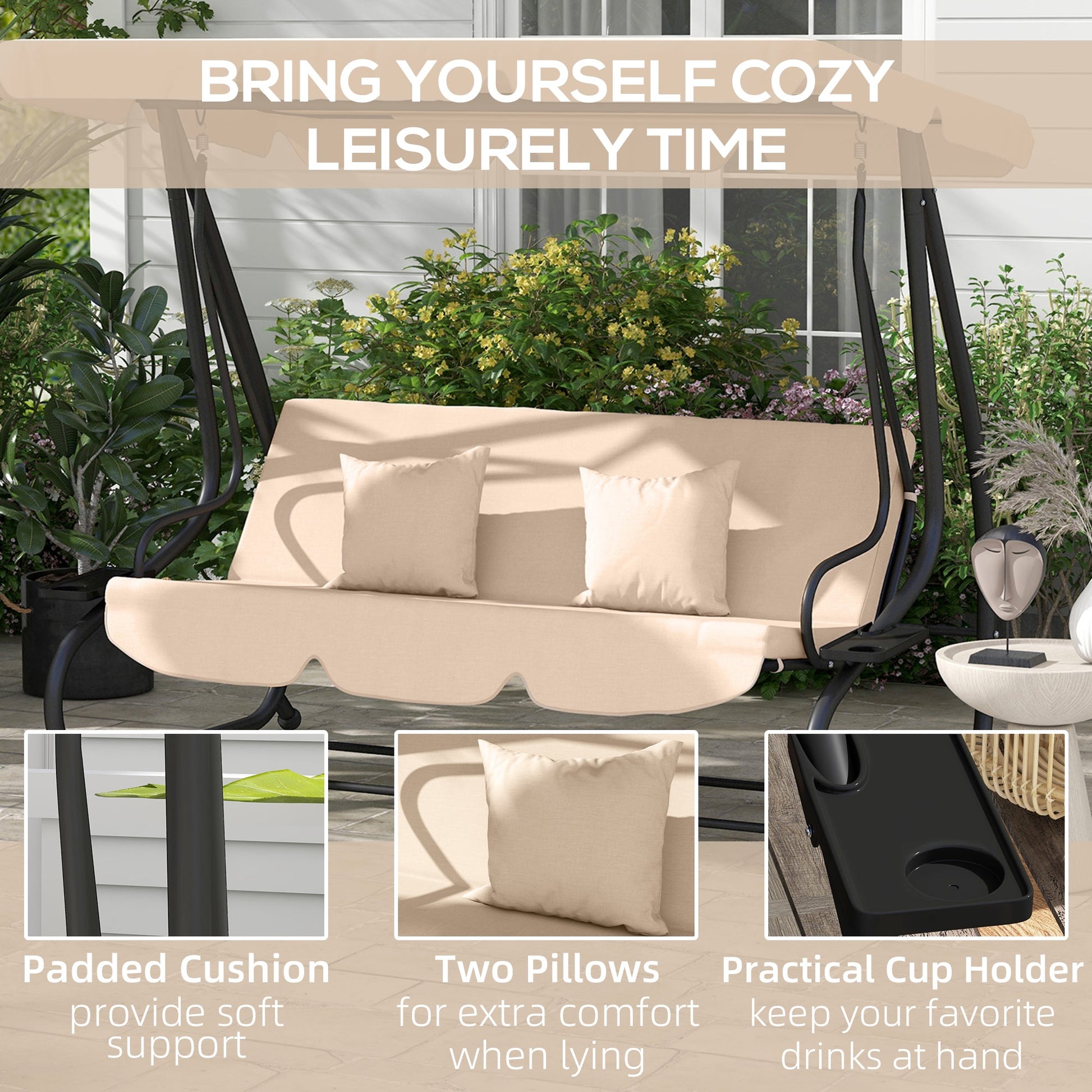 2-in-1 Garden Swing Seat Bed, 3 Seater Convertible Swing Chair Bench with Tilting Canopy, Cushioned Seat and 2 Pillows for Patio, Garden, Light Brown