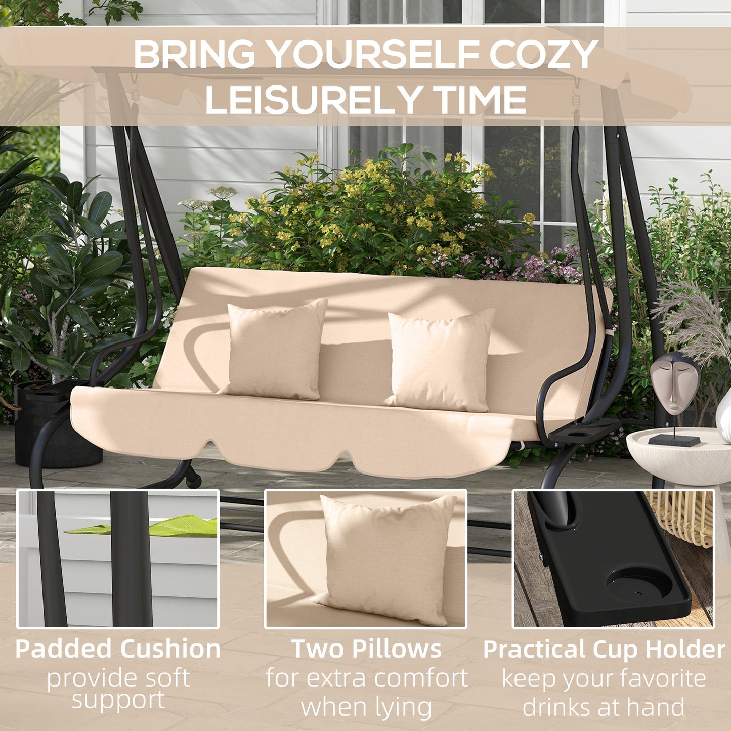 2-in-1 Garden Swing Seat Bed, 3 Seater Convertible Swing Chair Bench with Tilting Canopy, Cushioned Seat and 2 Pillows for Patio, Garden, Light Brown