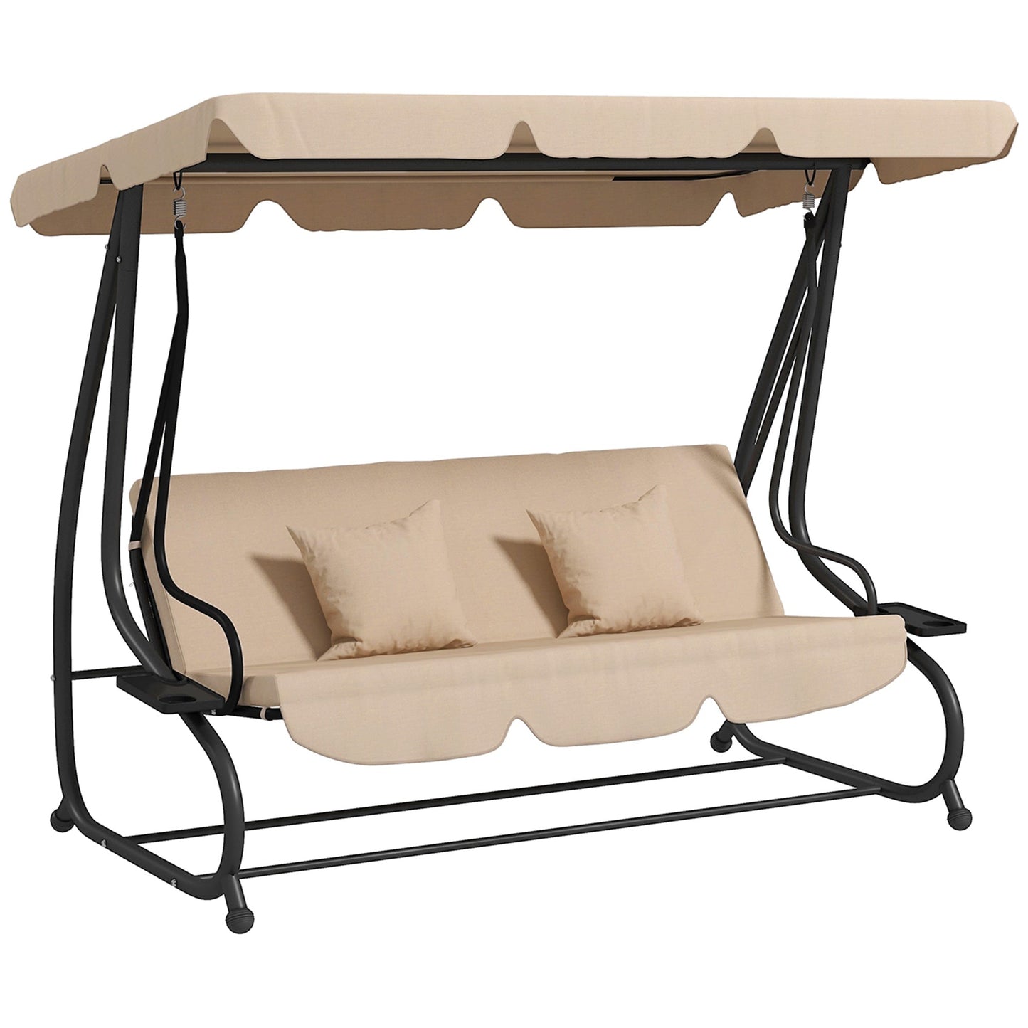 2-in-1 Garden Swing Seat Bed, 3 Seater Convertible Swing Chair Bench with Tilting Canopy, Cushioned Seat and 2 Pillows for Patio, Garden, Light Brown