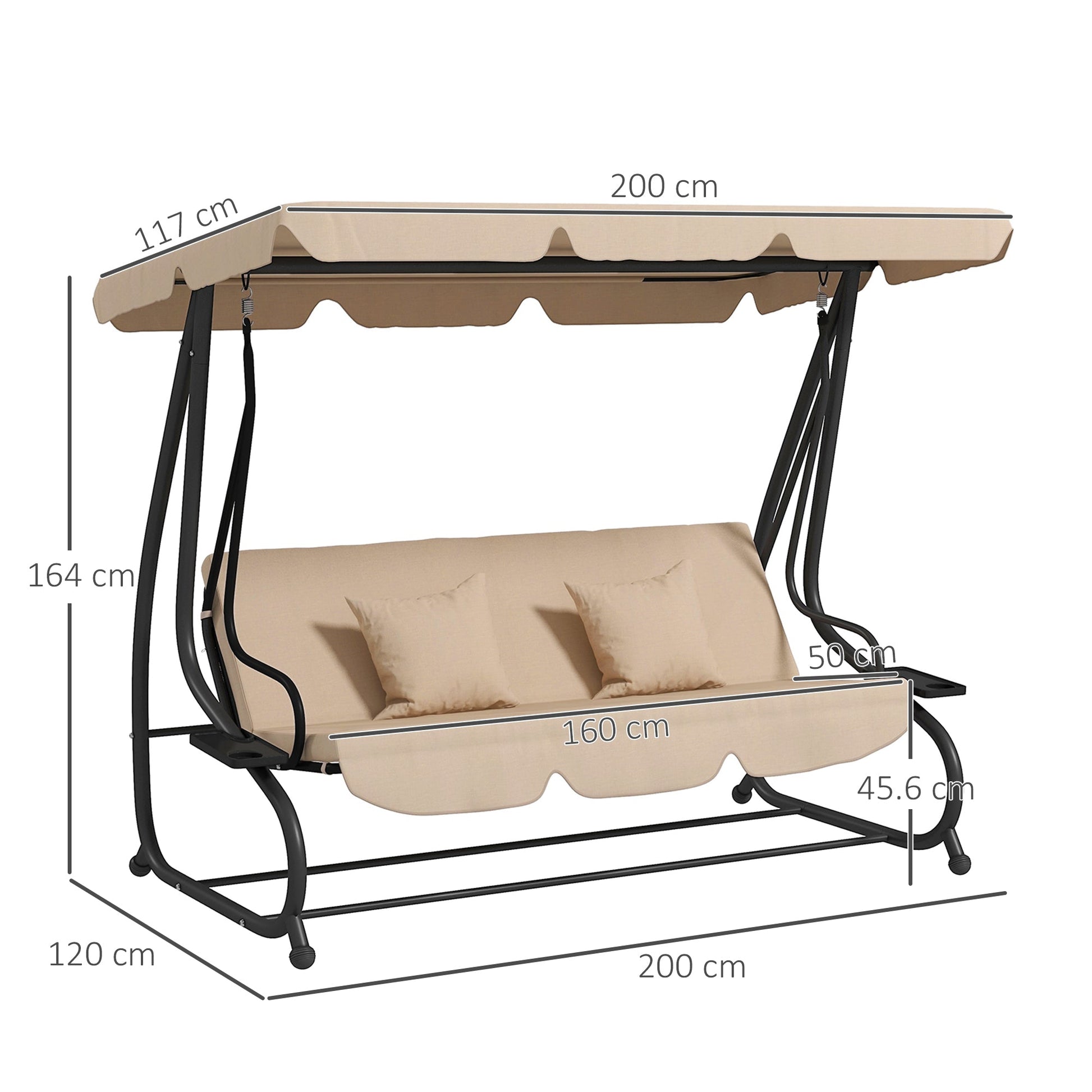 2-in-1 Garden Swing Seat Bed, 3 Seater Convertible Swing Chair Bench with Tilting Canopy, Cushioned Seat and 2 Pillows for Patio, Garden, Light Brown