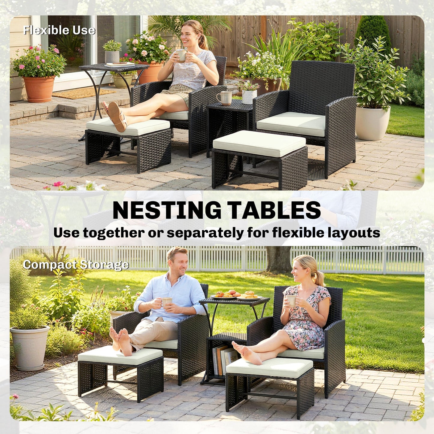 6 Piece Rattan Garden Furniture Set, Space-Saving Patio Furniture Conversation Set with 2 Nesting Tables, 2 Chairs, 2 Footstools, Wicker Outdoor Sofa with Cushions for Balcony Porch, Black