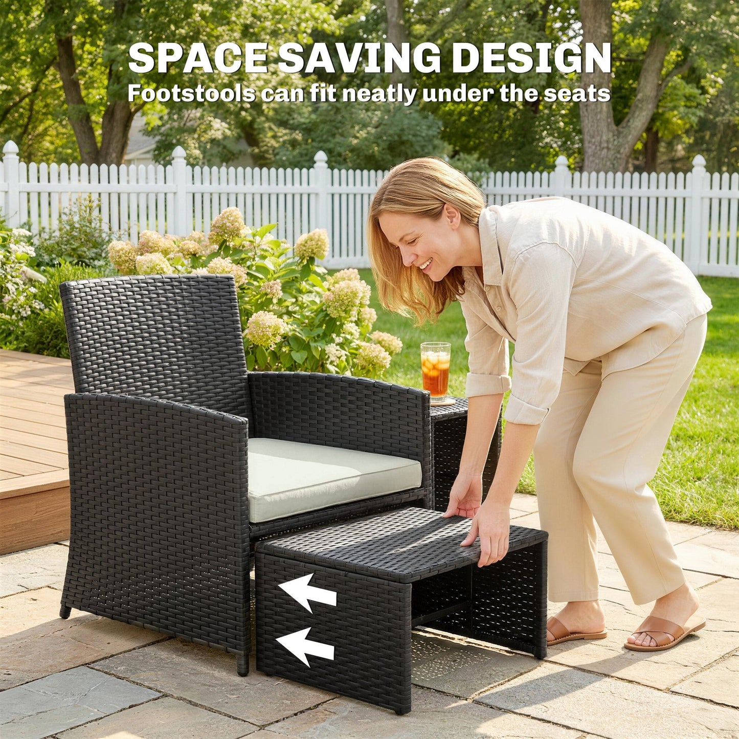 6 Piece Rattan Garden Furniture Set, Space-Saving Patio Furniture Conversation Set with 2 Nesting Tables, 2 Chairs, 2 Footstools, Wicker Outdoor Sofa with Cushions for Balcony Porch, Black