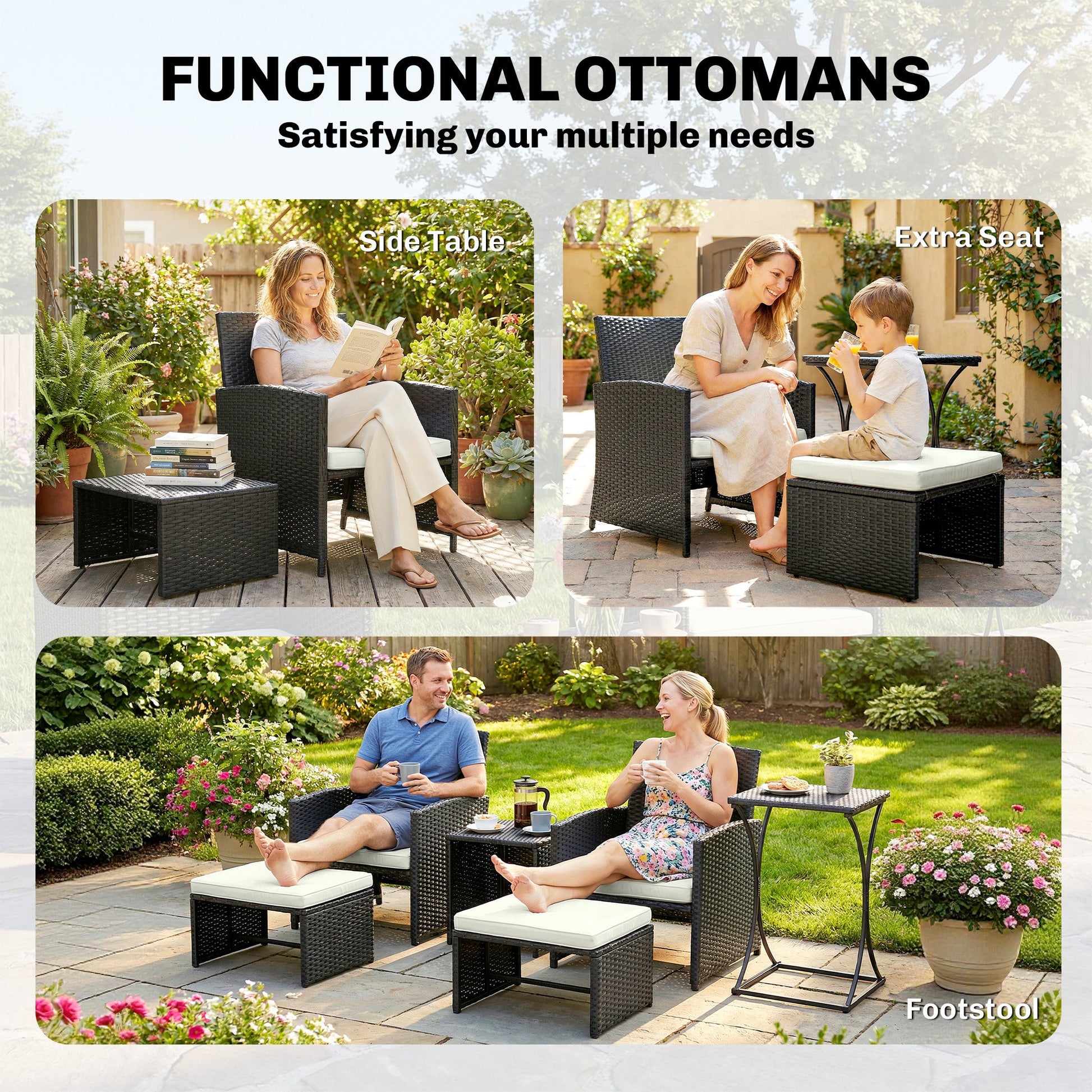 6 Piece Rattan Garden Furniture Set, Space-Saving Patio Furniture Conversation Set with 2 Nesting Tables, 2 Chairs, 2 Footstools, Wicker Outdoor Sofa with Cushions for Balcony Porch, Black