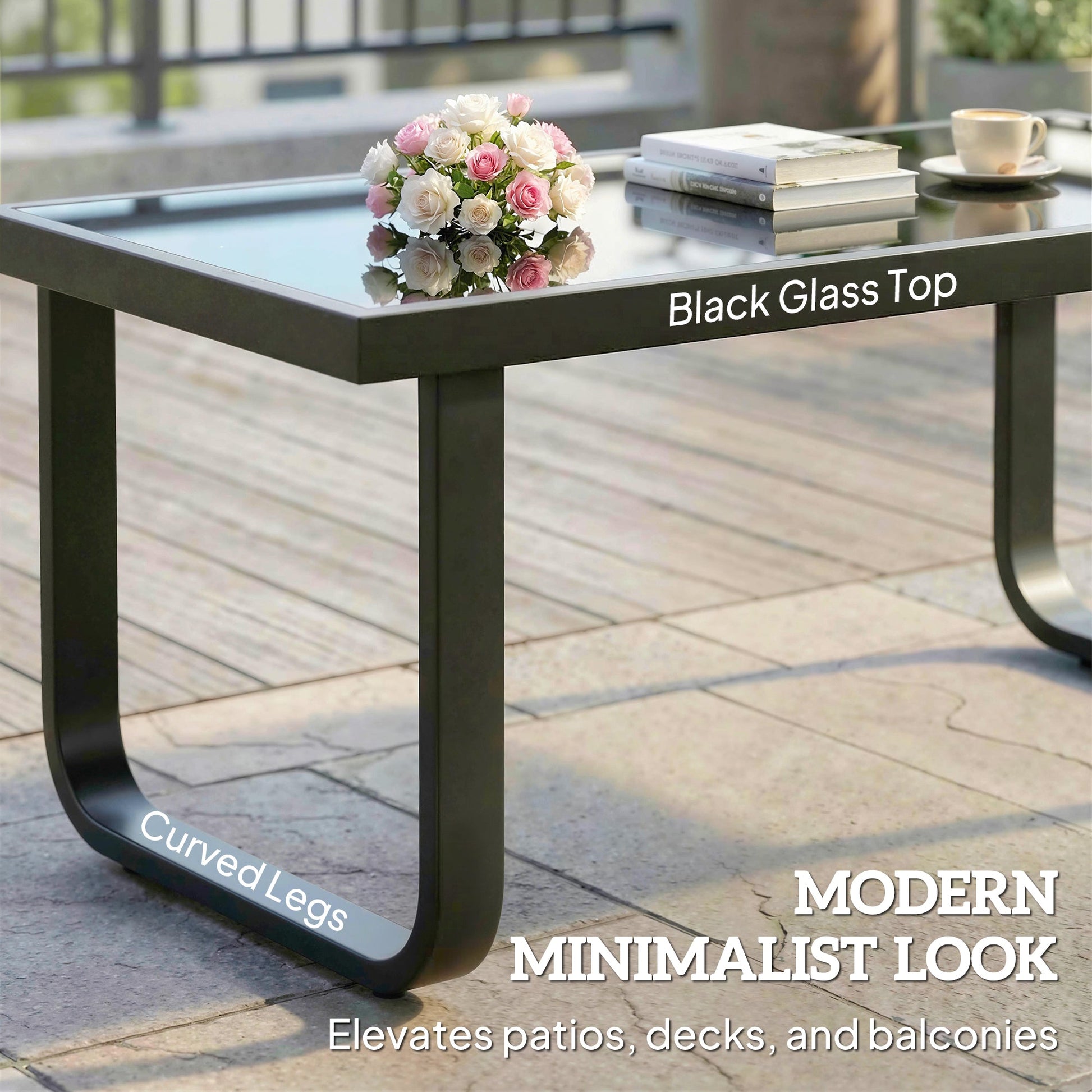 Metal Garden Coffee Table, Outdoor Rectangle Side Table with Tempered Glass Tabletop and Adjustable Foot Pads for Terrace, Balcony, Patio, 90 x 45 x 33 cm, Black