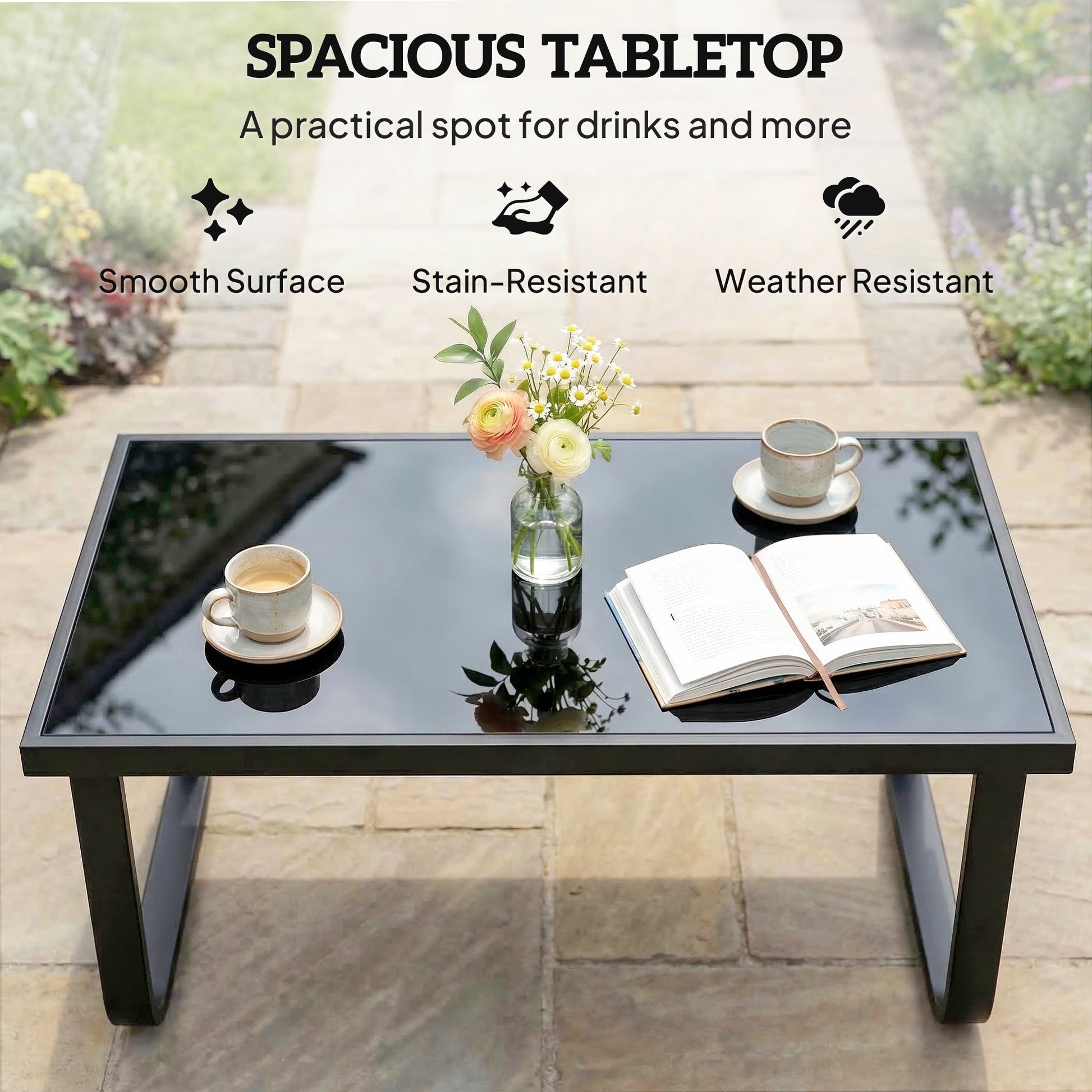 Metal Garden Coffee Table, Outdoor Rectangle Side Table with Tempered Glass Tabletop and Adjustable Foot Pads for Terrace, Balcony, Patio, 90 x 45 x 33 cm, Black