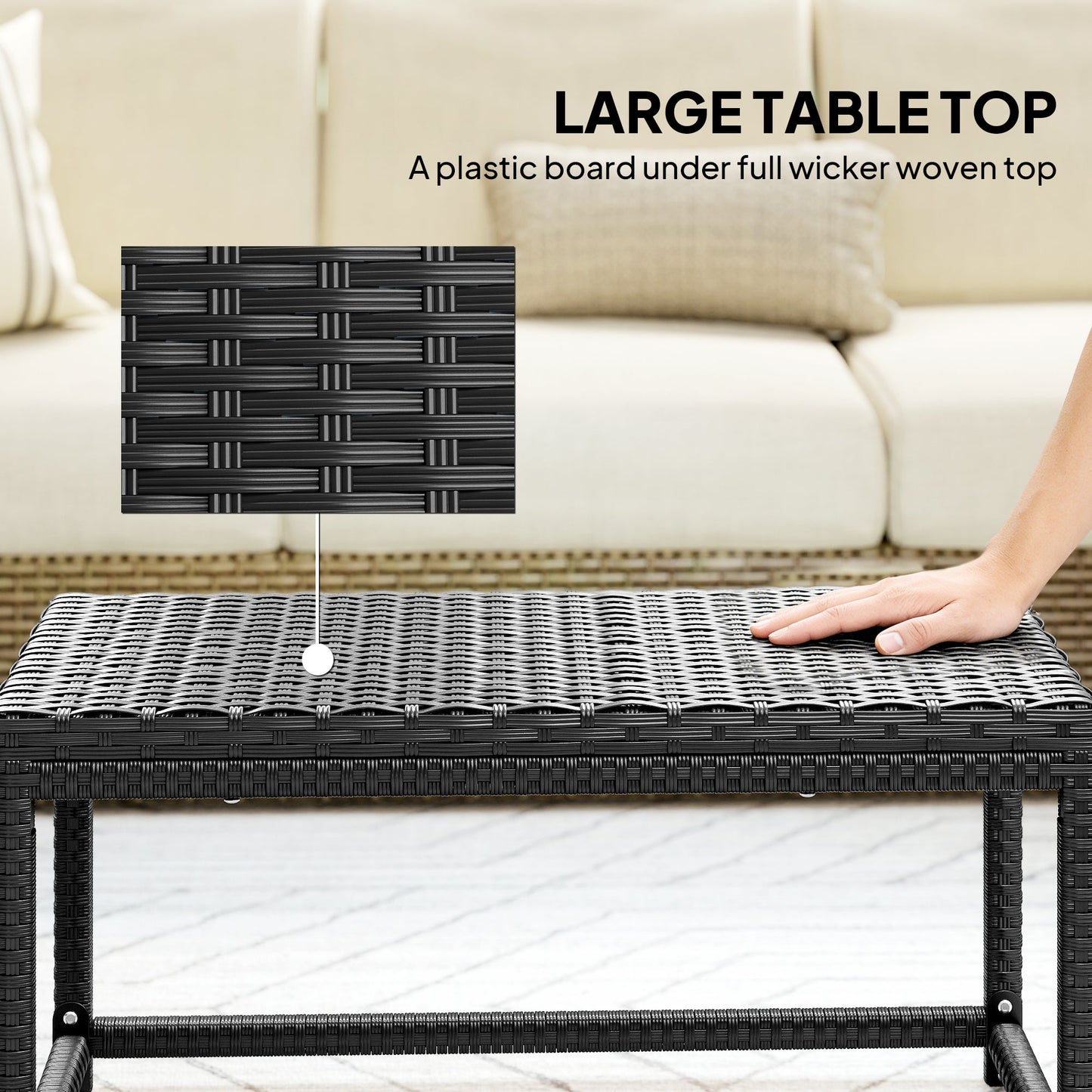 Outdoor Coffee Table, Garden PE Rattan Side Table with Plastic Board Under the Full Woven Table Top and Rectangular Frame for Patio, Balcony, Black