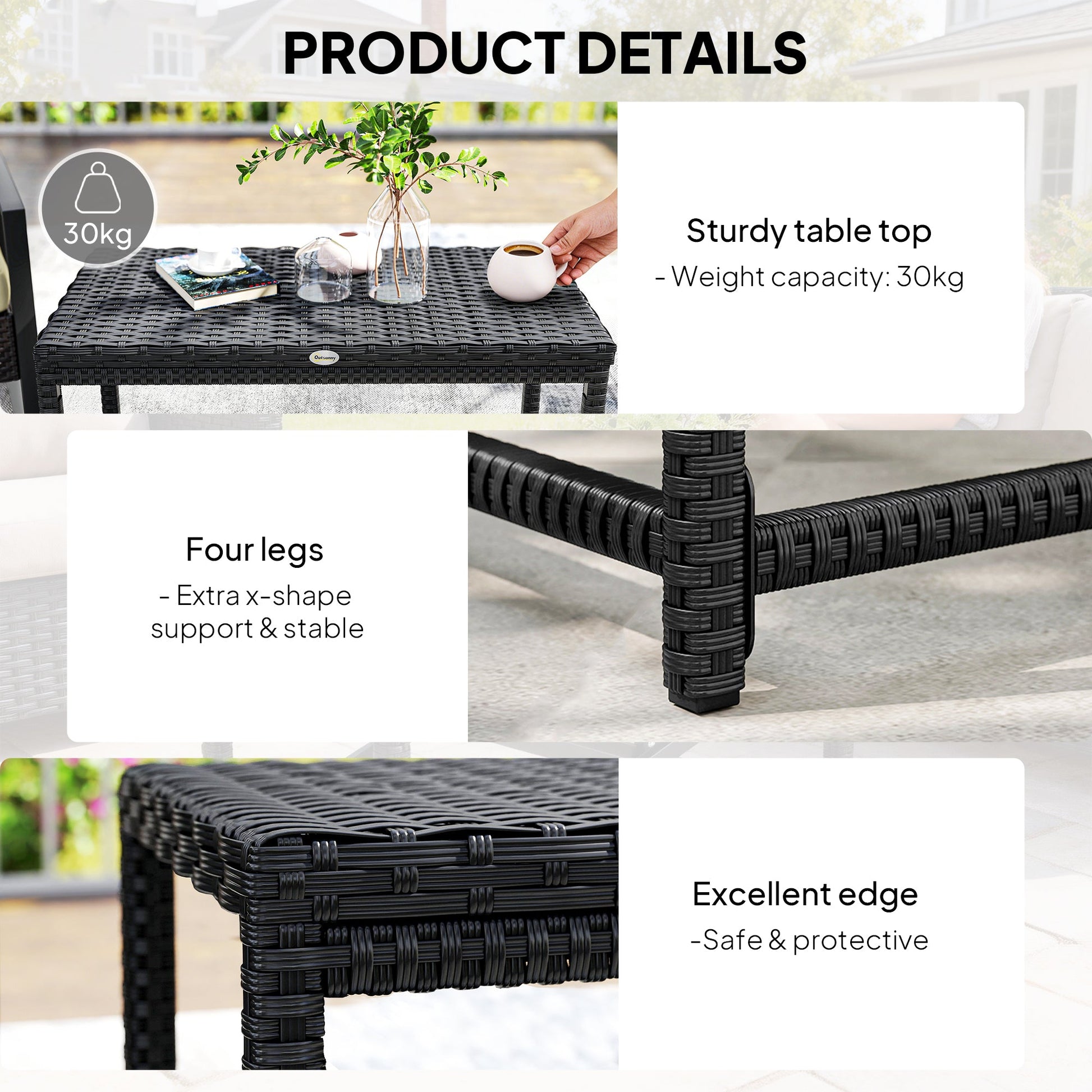 Outdoor Coffee Table, Garden PE Rattan Side Table with Plastic Board Under the Full Woven Table Top and Rectangular Frame for Patio, Balcony, Black