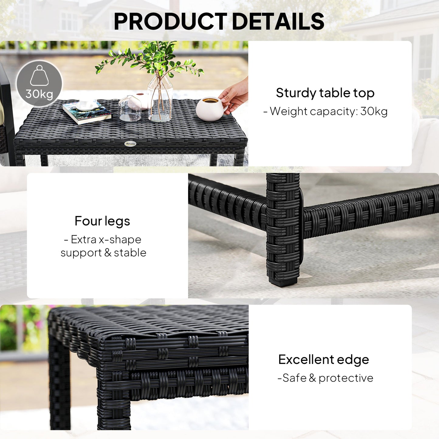 Outdoor Coffee Table, Garden PE Rattan Side Table with Plastic Board Under the Full Woven Table Top and Rectangular Frame for Patio, Balcony, Black