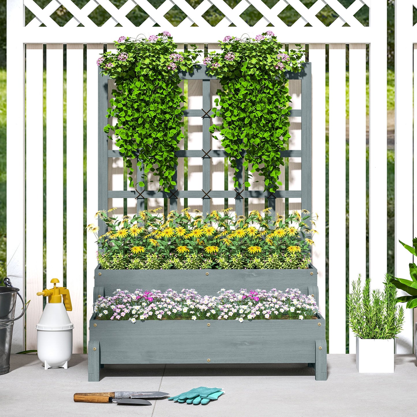 2-Tier Raised Garden Bed with Trellis, Wooden Elevated Planter Box with Drainage Holes, Outdoor Raised Planter for Climbing Plants, Fruits, Vegetables, Flowers, Grey