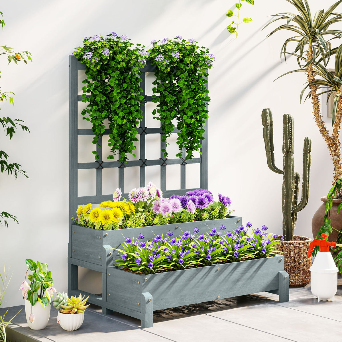 2-Tier Raised Garden Bed with Trellis, Wooden Elevated Planter Box with Drainage Holes, Outdoor Raised Planter for Climbing Plants, Fruits, Vegetables, Flowers, Grey