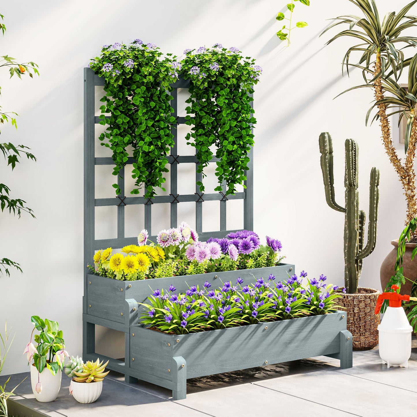 2-Tier Raised Garden Bed with Trellis, Wooden Elevated Planter Box with Drainage Holes, Outdoor Raised Planter for Climbing Plants, Fruits, Vegetables, Flowers, Grey