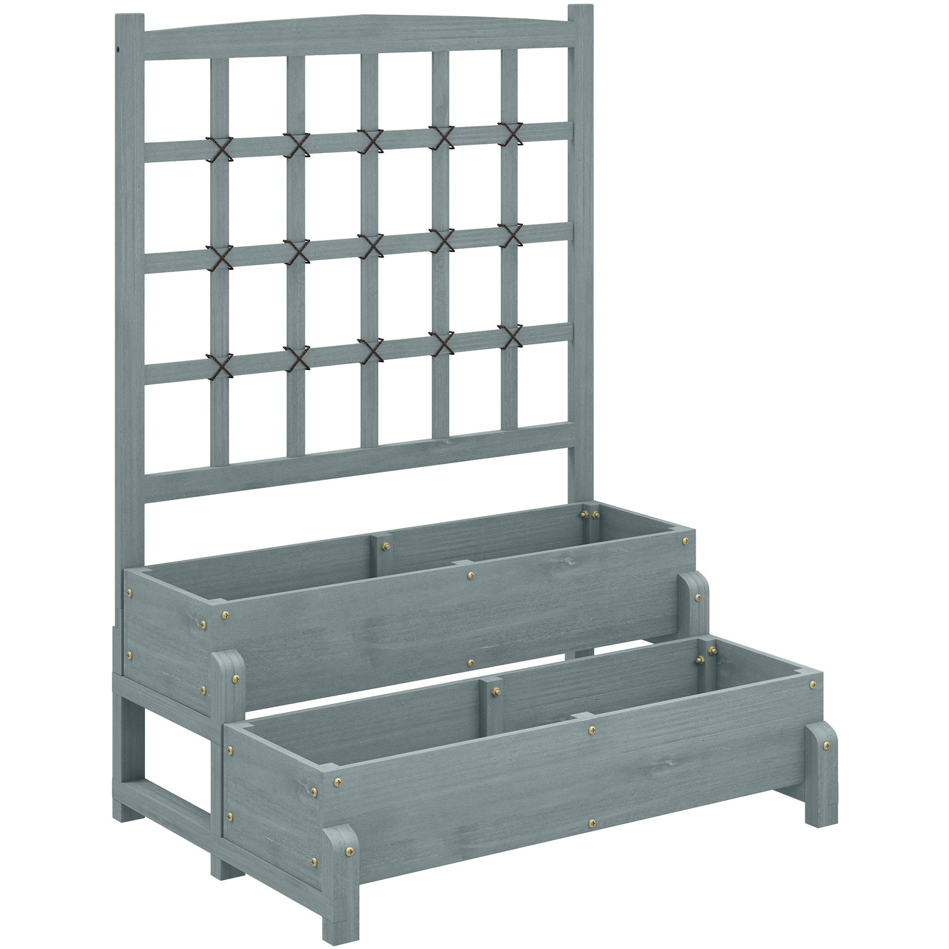 2-Tier Raised Garden Bed with Trellis, Wooden Elevated Planter Box with Drainage Holes, Outdoor Raised Planter for Climbing Plants, Fruits, Vegetables, Flowers, Grey
