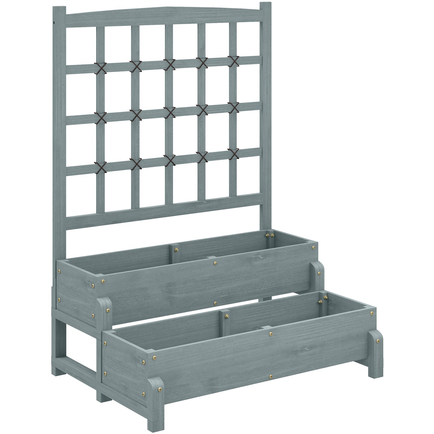 2-Tier Raised Garden Bed with Trellis, Wooden Elevated Planter Box with Drainage Holes, Outdoor Raised Planter for Climbing Plants, Fruits, Vegetables, Flowers, Grey