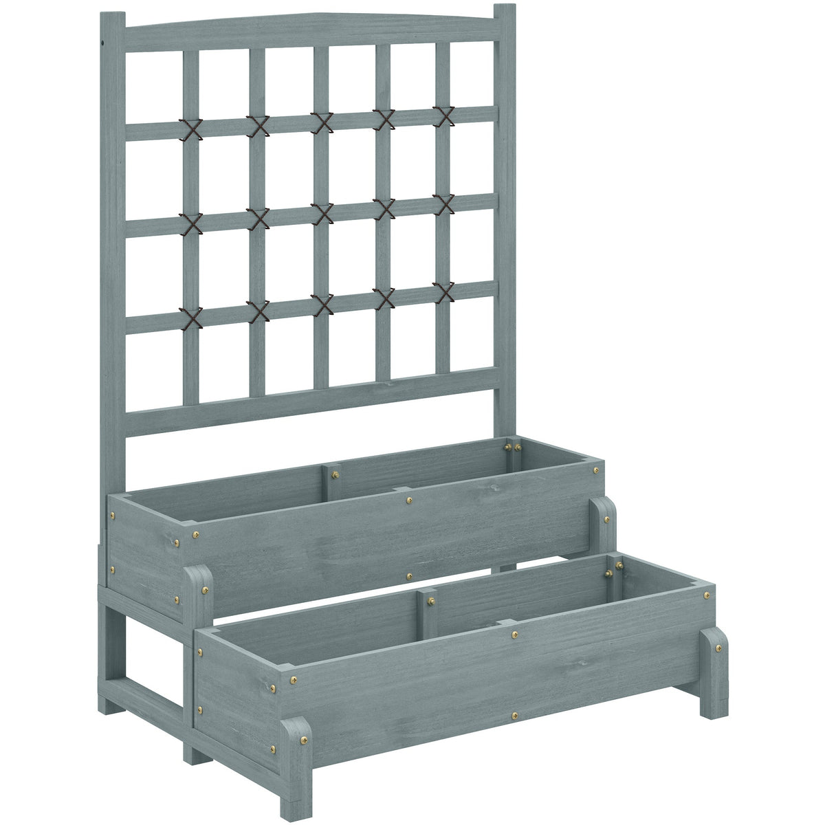 2-Tier Raised Garden Bed with Trellis, Wooden Elevated Planter Box with Drainage Holes, Outdoor Raised Planter for Climbing Plants, Fruits, Vegetables, Flowers, Grey