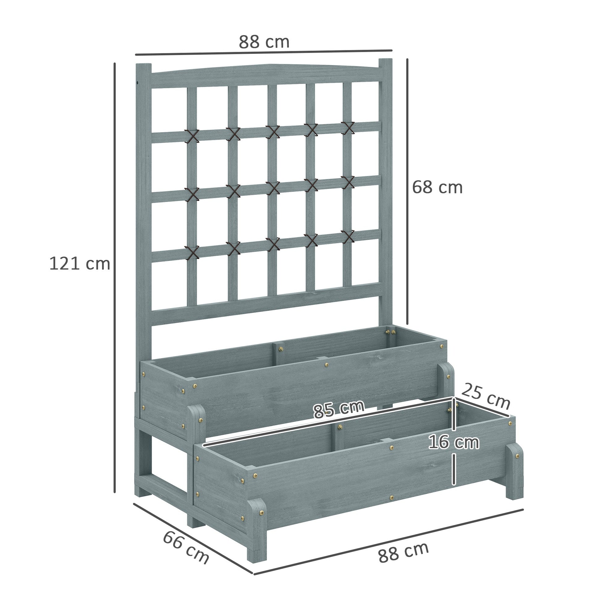 2-Tier Raised Garden Bed with Trellis, Wooden Elevated Planter Box with Drainage Holes, Outdoor Raised Planter for Climbing Plants, Fruits, Vegetables, Flowers, Grey