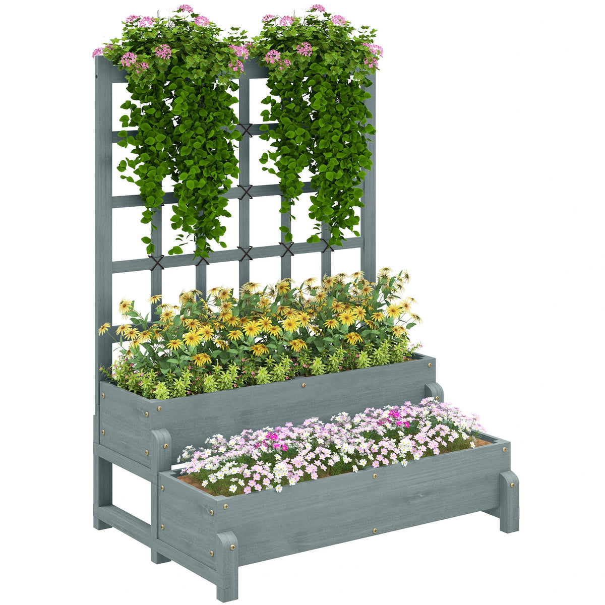 2-Tier Raised Garden Bed with Trellis, Wooden Elevated Planter Box with Drainage Holes, Outdoor Raised Planter for Climbing Plants, Fruits, Vegetables, Flowers, Grey