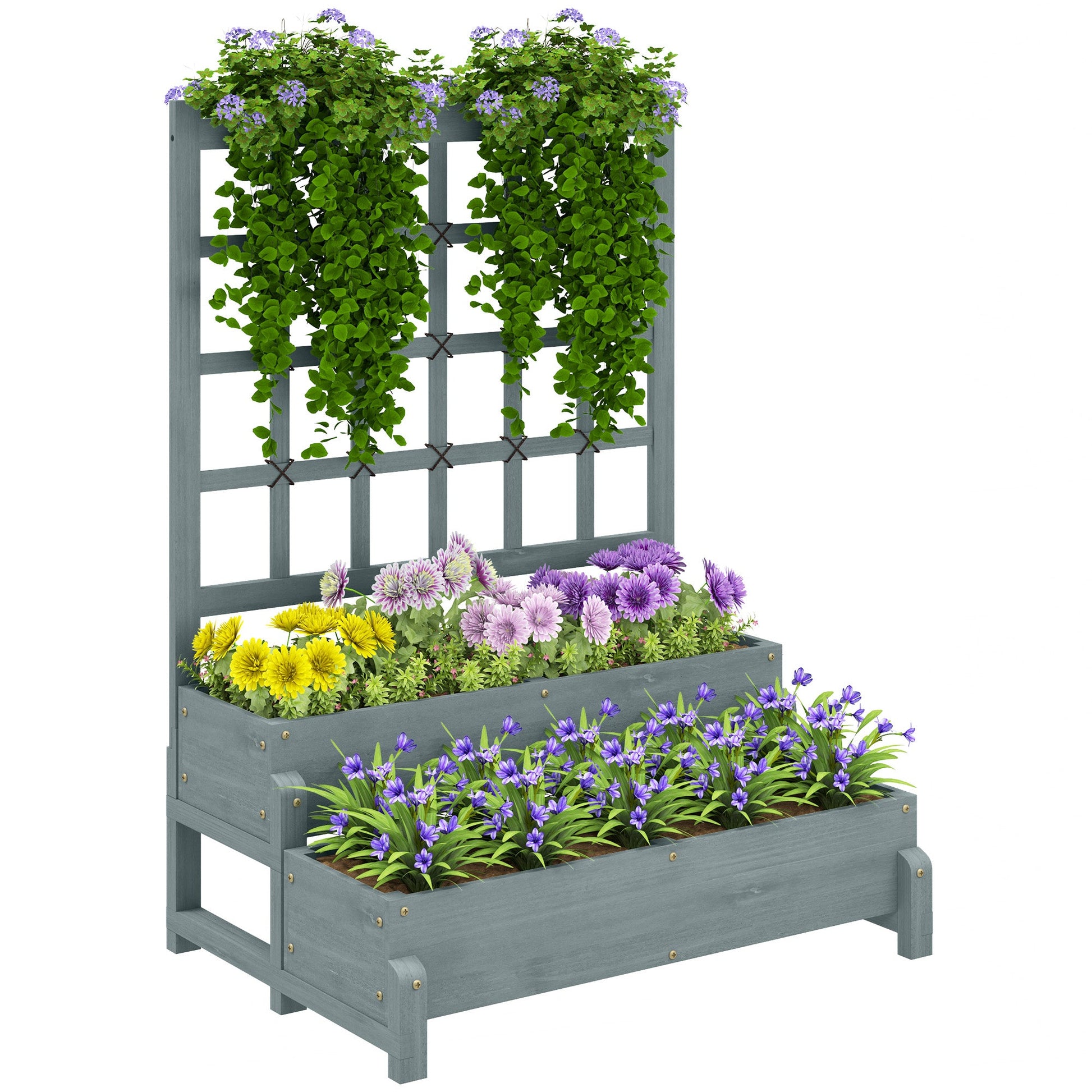 2-Tier Raised Garden Bed with Trellis, Wooden Elevated Planter Box with Drainage Holes, Outdoor Raised Planter for Climbing Plants, Fruits, Vegetables, Flowers, Grey