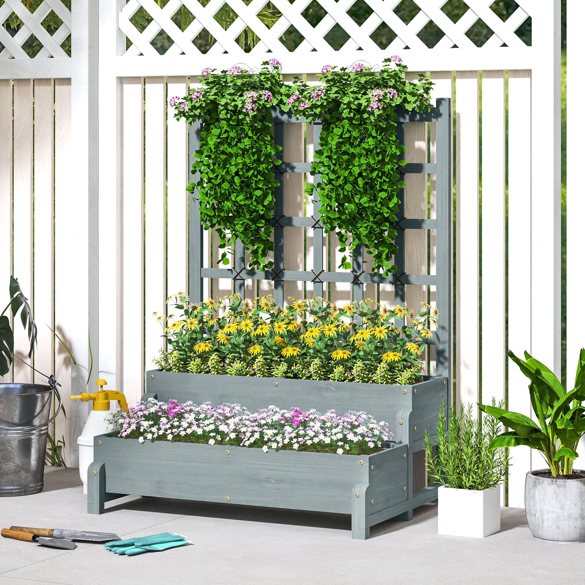 2-Tier Raised Garden Bed with Trellis, Wooden Elevated Planter Box with Drainage Holes, Outdoor Raised Planter for Climbing Plants, Fruits, Vegetables, Flowers, Grey