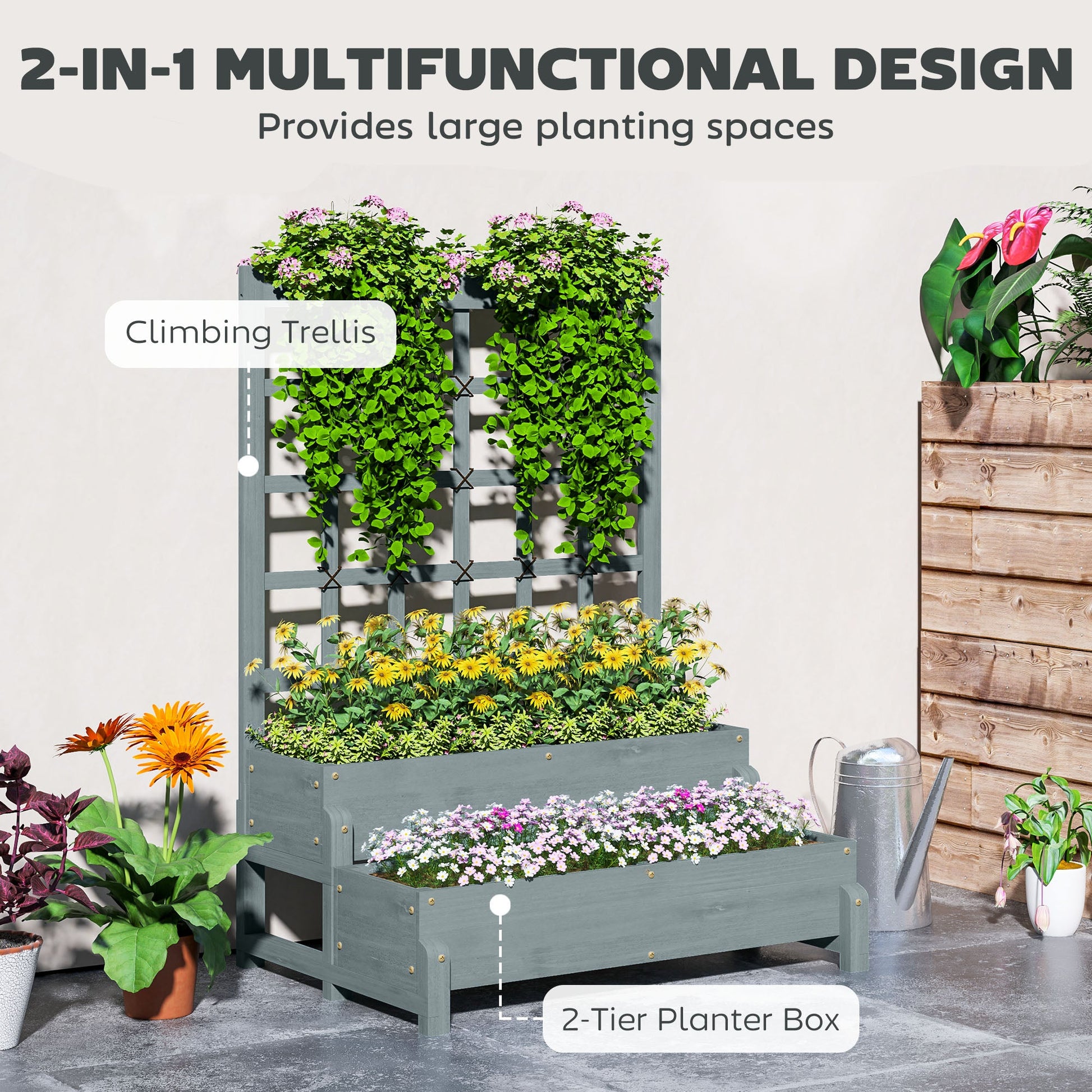2-Tier Raised Garden Bed with Trellis, Wooden Elevated Planter Box with Drainage Holes, Outdoor Raised Planter for Climbing Plants, Fruits, Vegetables, Flowers, Grey