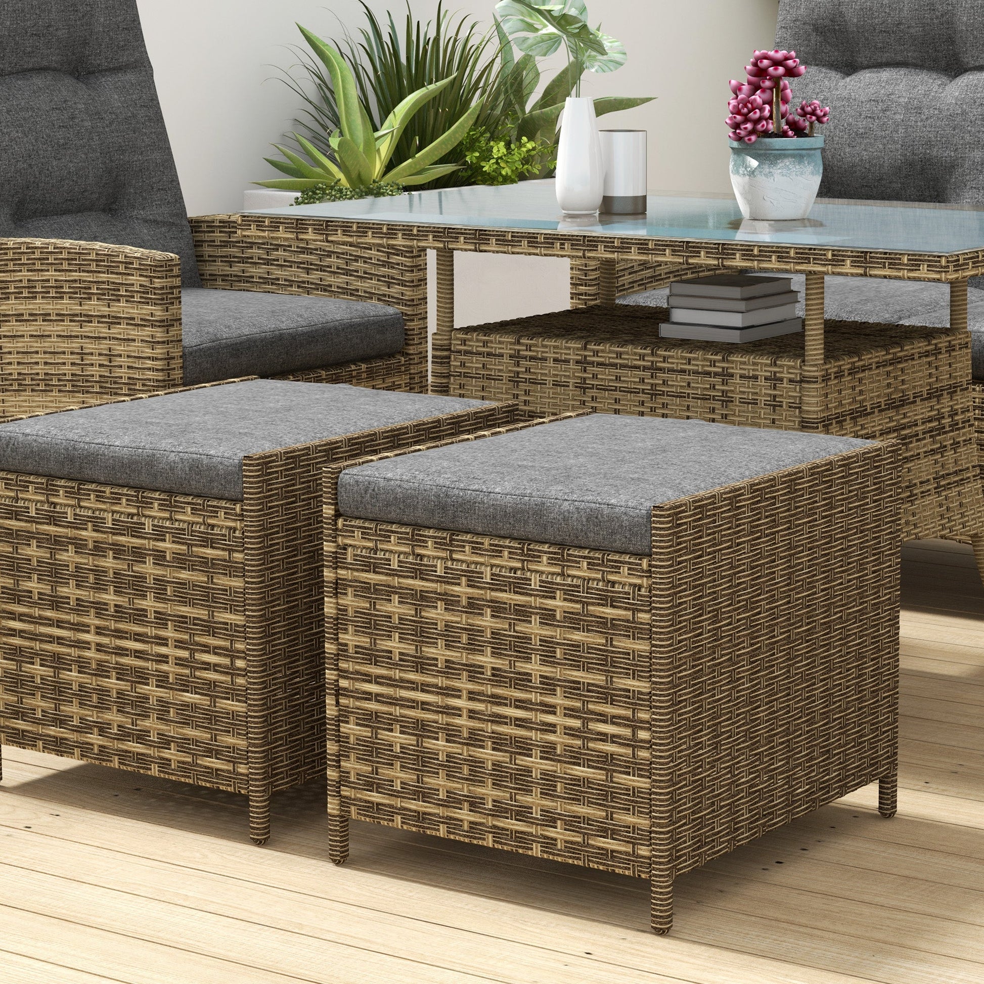 6 Seater Rattan Dining Set with 2 Reclining Chairs, Loveseat, 2 Stools, Rattan Garden Furniture Set with Cushions, Rectangular Glass Top Table, Aluminium Frame, Mixed Grey