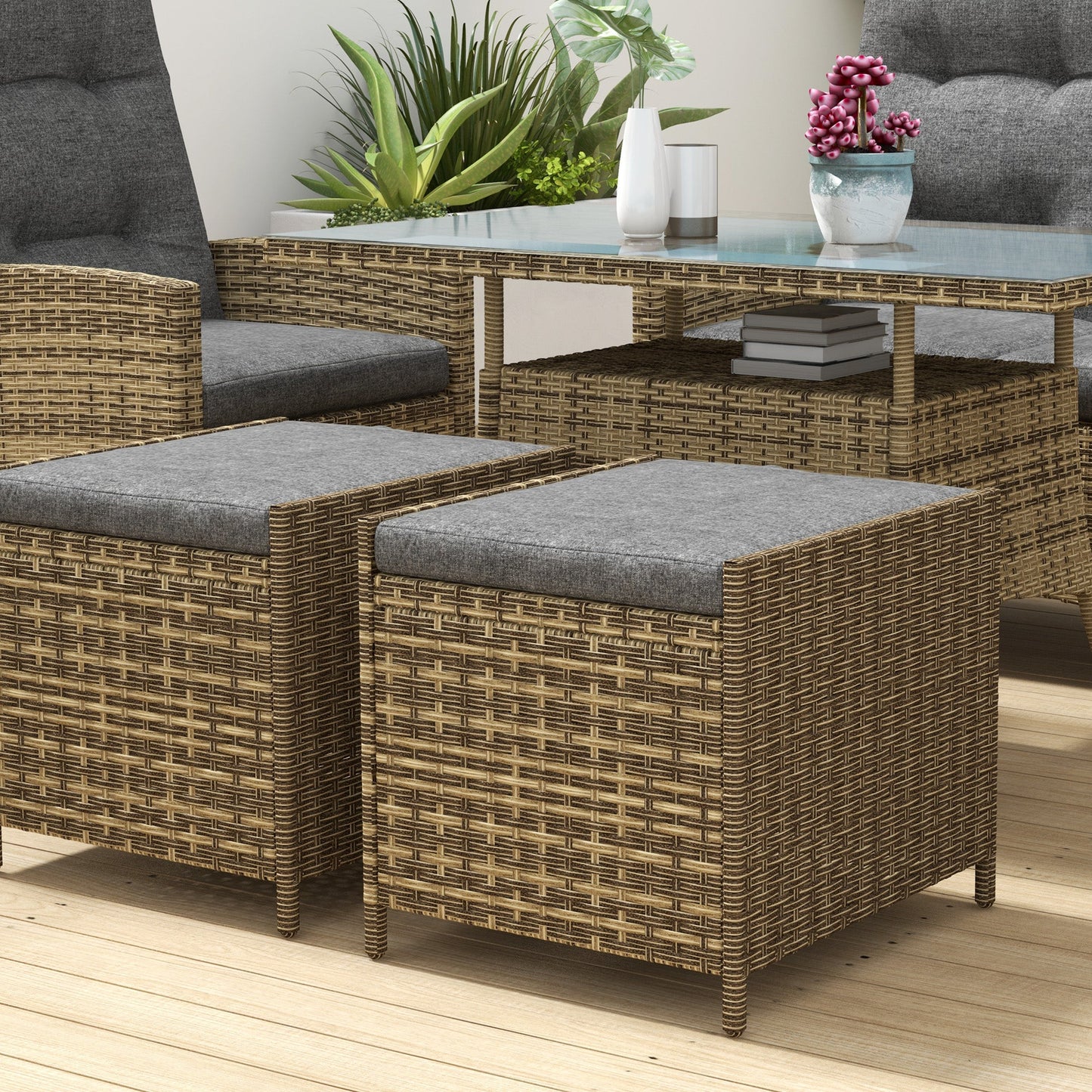 6 Seater Rattan Dining Set with 2 Reclining Chairs, Loveseat, 2 Stools, Rattan Garden Furniture Set with Cushions, Rectangular Glass Top Table, Aluminium Frame, Mixed Grey