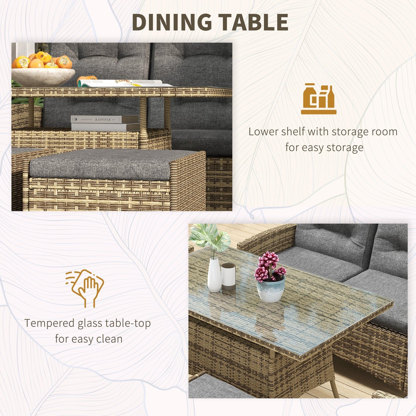 6 Seater Rattan Dining Set with 2 Reclining Chairs, Loveseat, 2 Stools, Rattan Garden Furniture Set with Cushions, Rectangular Glass Top Table, Aluminium Frame, Mixed Grey