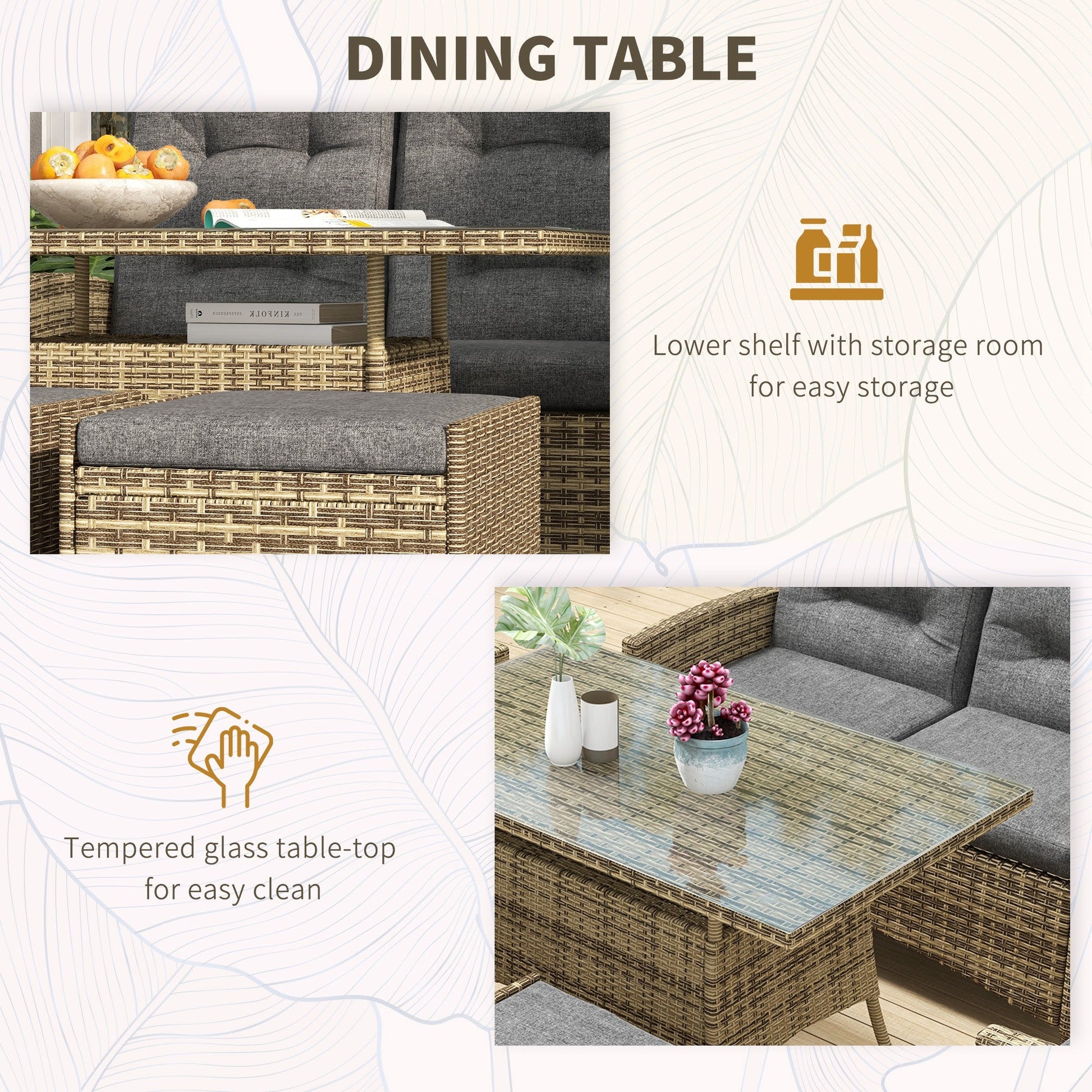 6 Seater Rattan Dining Set with 2 Reclining Chairs, Loveseat, 2 Stools, Rattan Garden Furniture Set with Cushions, Rectangular Glass Top Table, Aluminium Frame, Mixed Grey