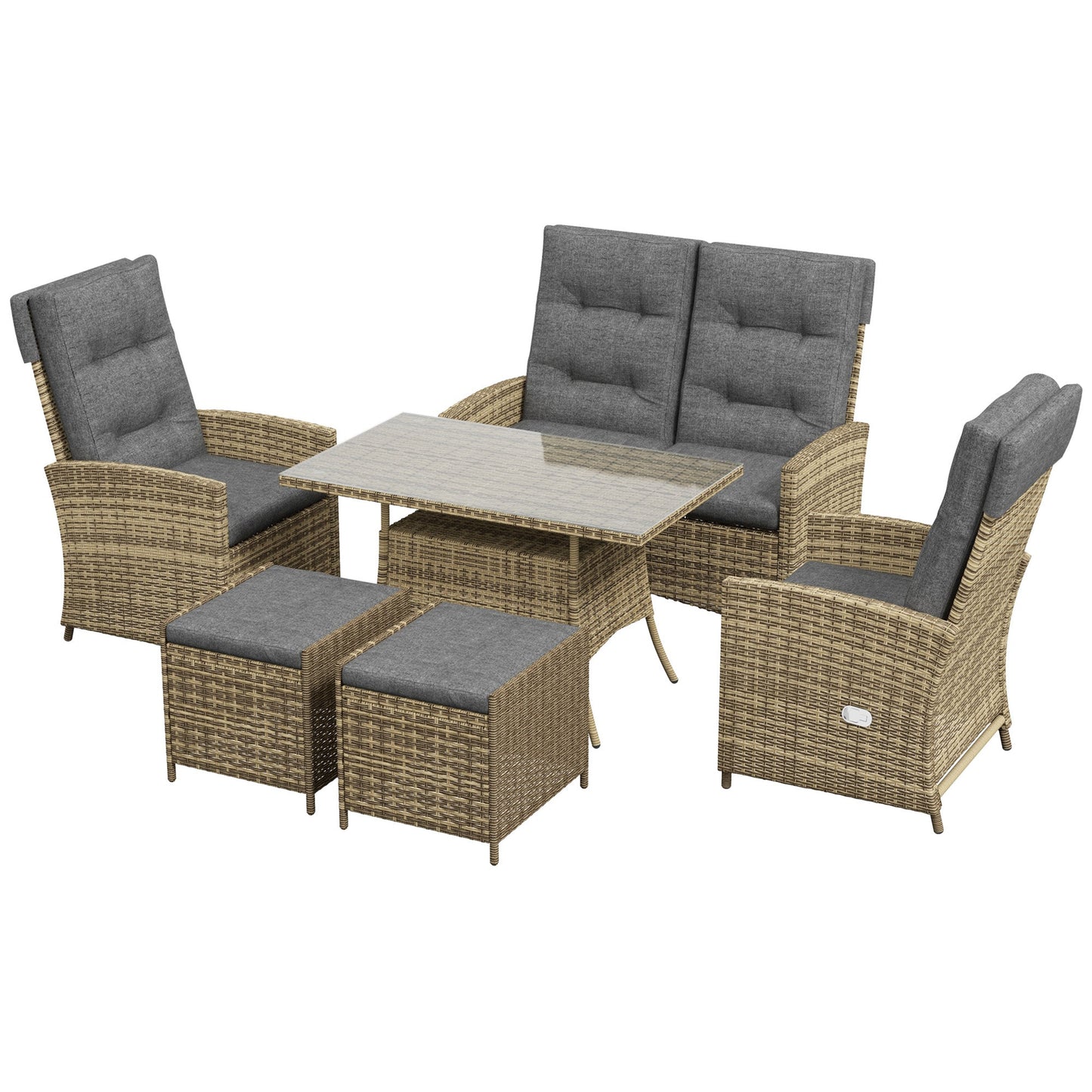 6 Seater Rattan Dining Set with 2 Reclining Chairs, Loveseat, 2 Stools, Rattan Garden Furniture Set with Cushions, Rectangular Glass Top Table, Aluminium Frame, Mixed Grey
