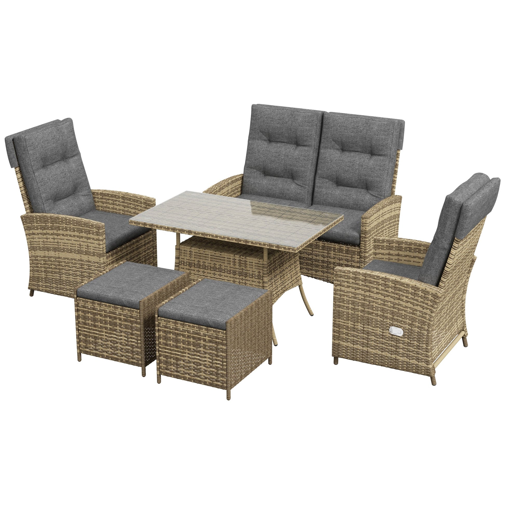 6 Seater Rattan Dining Set with 2 Reclining Chairs, Loveseat, 2 Stools, Rattan Garden Furniture Set with Cushions, Rectangular Glass Top Table, Aluminium Frame, Mixed Grey