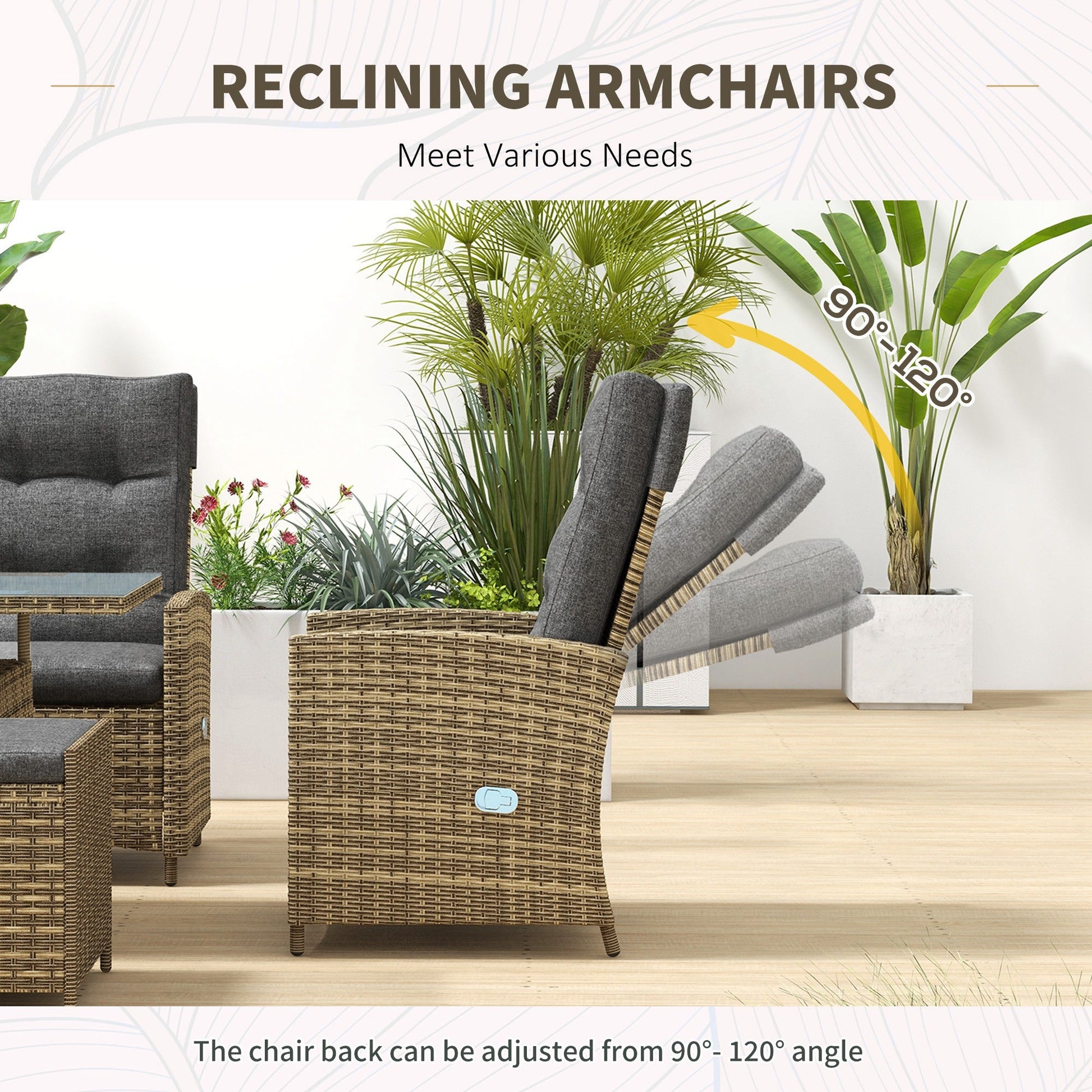 6 Seater Rattan Dining Set with 2 Reclining Chairs, Loveseat, 2 Stools, Rattan Garden Furniture Set with Cushions, Rectangular Glass Top Table, Aluminium Frame, Mixed Grey