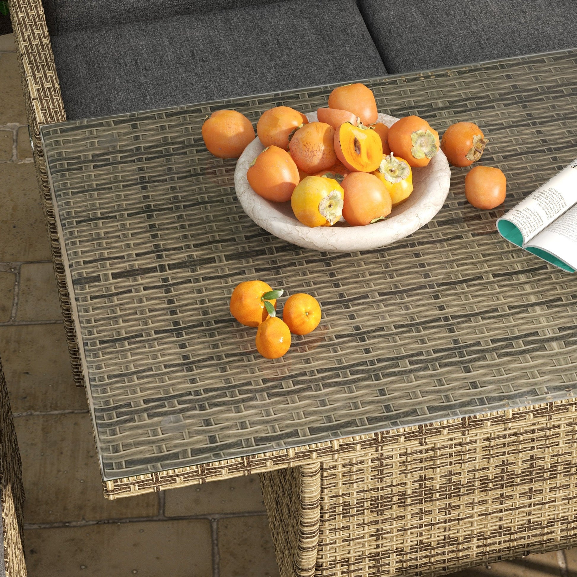 6 Seater Rattan Dining Set with 2 Reclining Chairs, Loveseat, 2 Stools, Rattan Garden Furniture Set with Cushions, Rectangular Glass Top Table, Aluminium Frame, Mixed Grey
