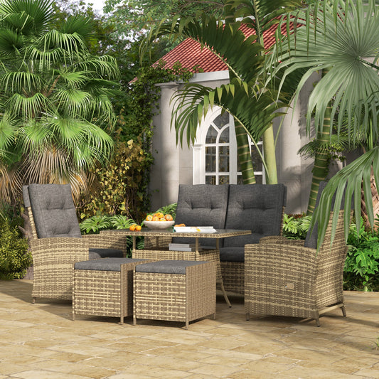6 Seater Rattan Dining Set with 2 Reclining Chairs, Loveseat, 2 Stools, Rattan Garden Furniture Set with Cushions, Rectangular Glass Top Table, Aluminium Frame, Mixed Grey