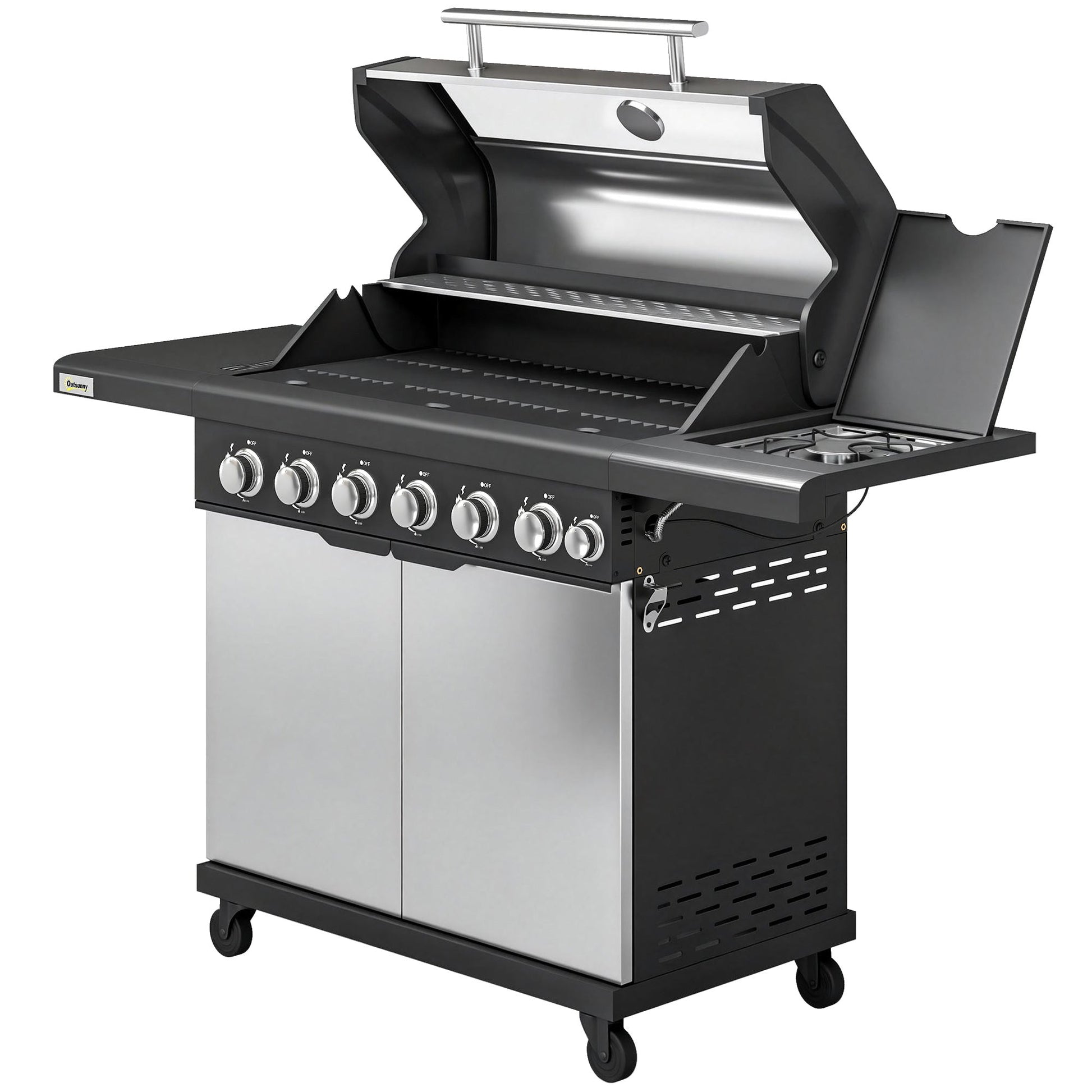 6+1 Burner Gas BBQ Grill, Portable Outdoor Barbecue Trolley with Wheels, Warming Rack, Built-in Thermometer, Side Shelves, Cabinet, Bottle Opener, Lid with Viewing Window, Silver Tone