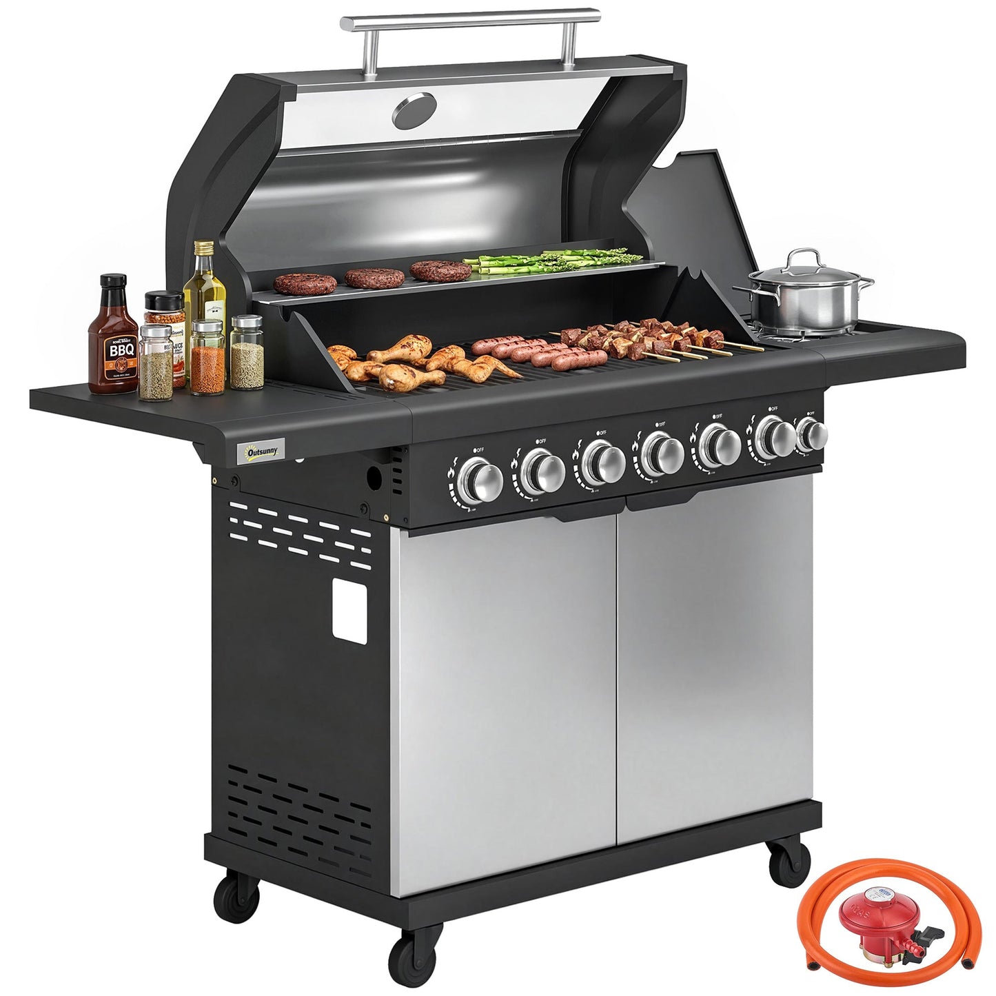 6+1 Burner Gas BBQ Grill, Portable Outdoor Barbecue Trolley with Wheels, Warming Rack, Built-in Thermometer, Side Shelves, Cabinet, Bottle Opener, Lid with Viewing Window, Silver Tone