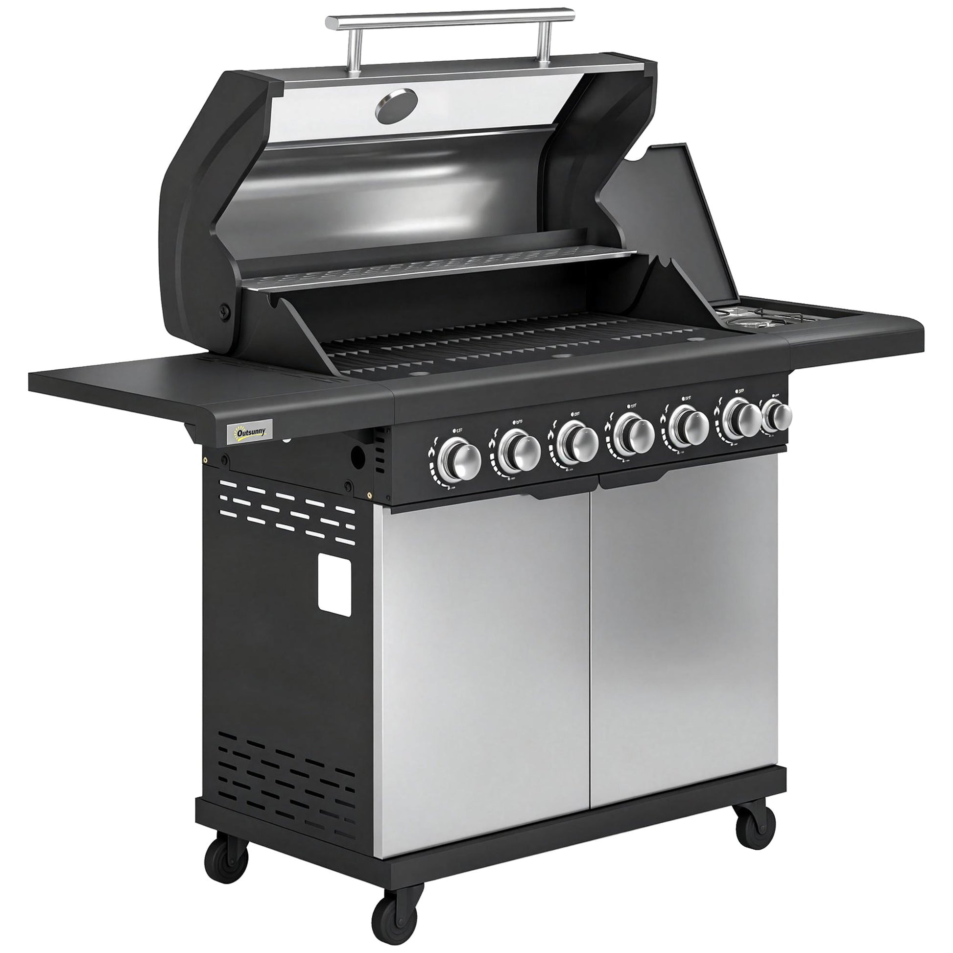 6+1 Burner Gas BBQ Grill, Portable Outdoor Barbecue Trolley with Wheels, Warming Rack, Built-in Thermometer, Side Shelves, Cabinet, Bottle Opener, Lid with Viewing Window, Silver Tone
