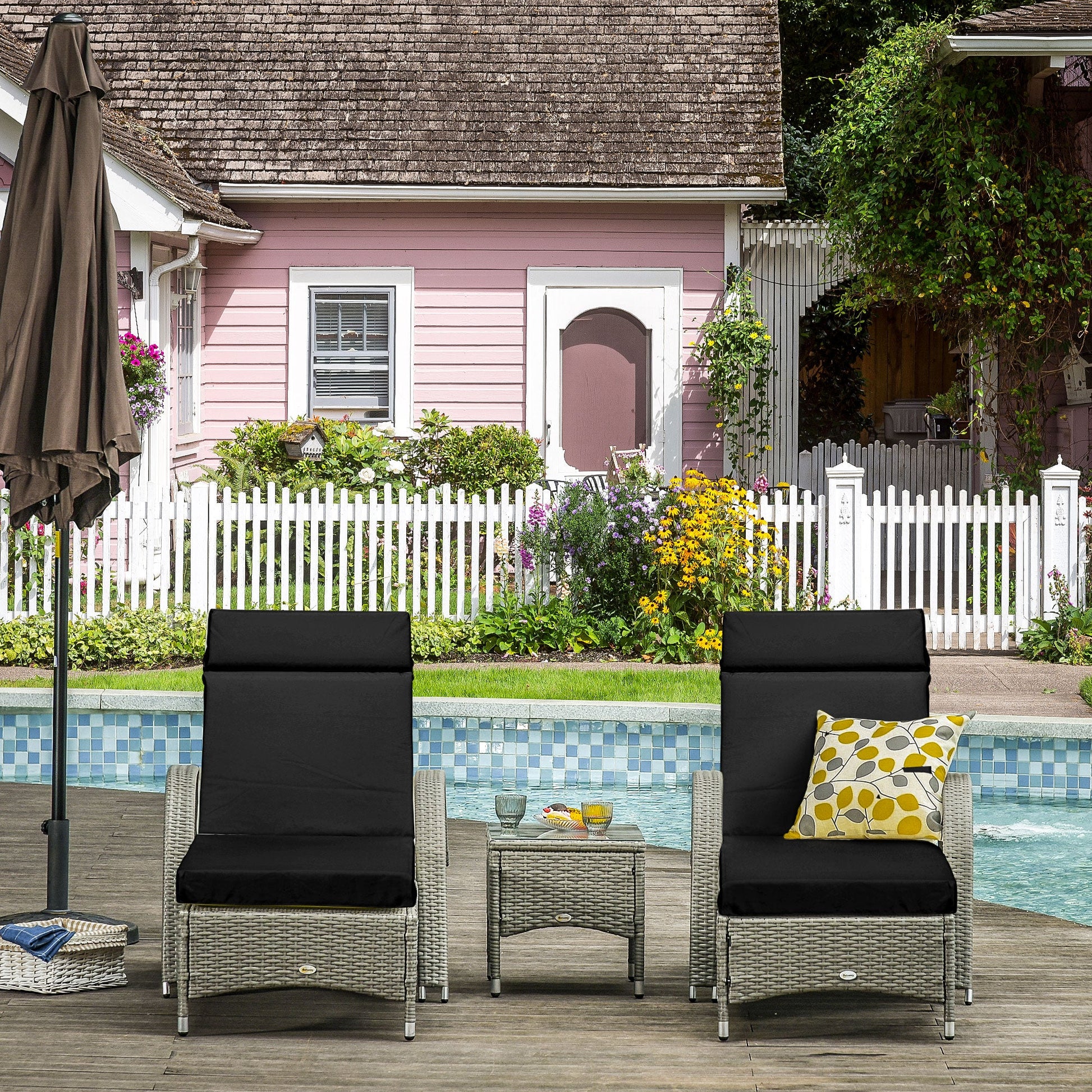 Set of 2 Sun Lounger Cushions, Replacement Cushions for Rattan Furniture with Ties, 196 x 55 cm, Black