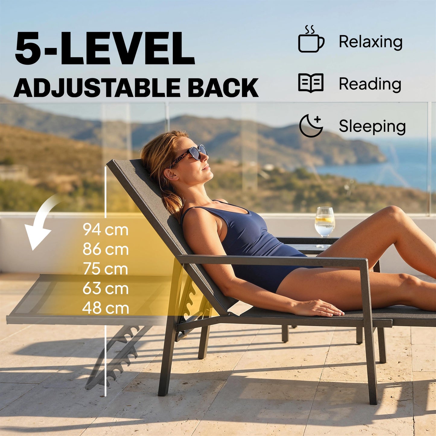 Sun Lounger with Retracable Footrest, 5-Position Adjustable Reclining Garden Lounger, Garden Chaise Lounge Sunbed Recliner Chair with Steel Frame for Beach, Porch, Patio, Camping, Dark Grey