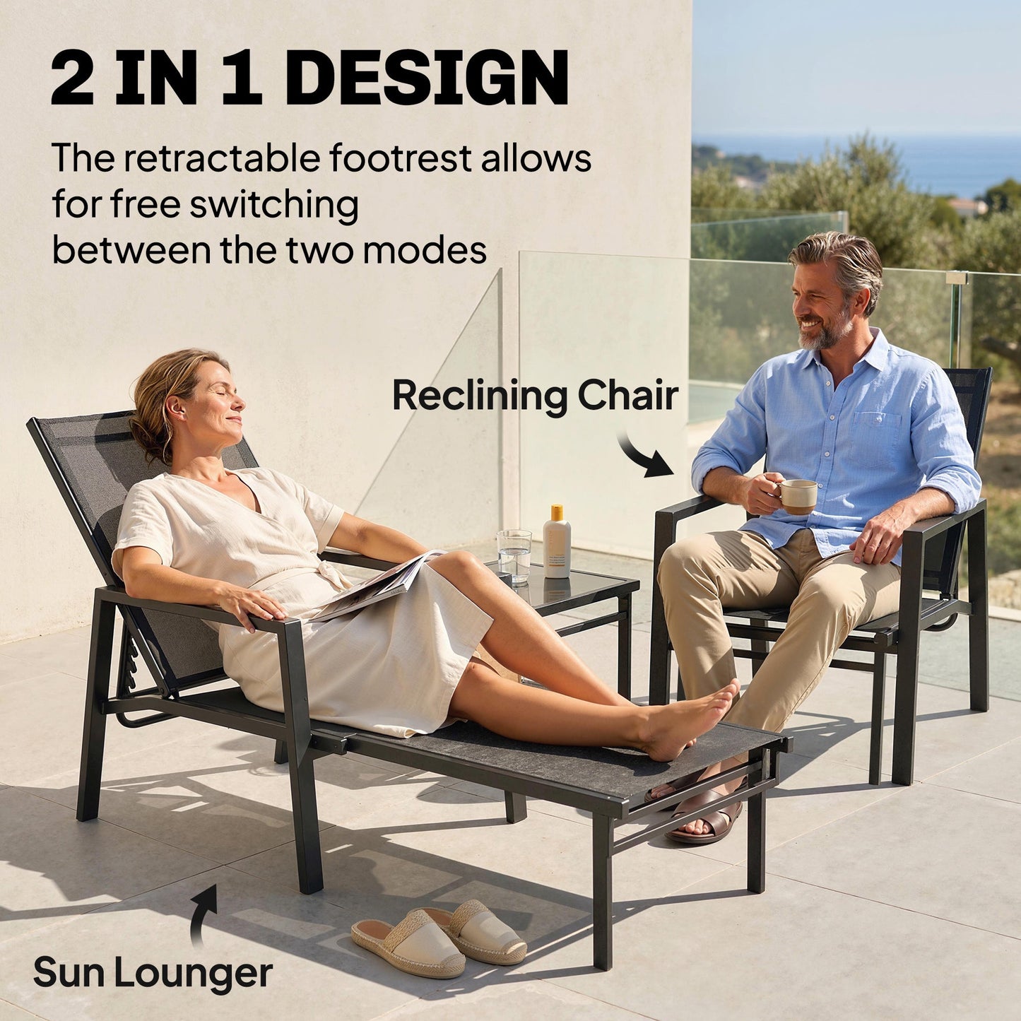 Sun Lounger with Retracable Footrest, 5-Position Adjustable Reclining Garden Lounger, Garden Chaise Lounge Sunbed Recliner Chair with Steel Frame for Beach, Porch, Patio, Camping, Dark Grey
