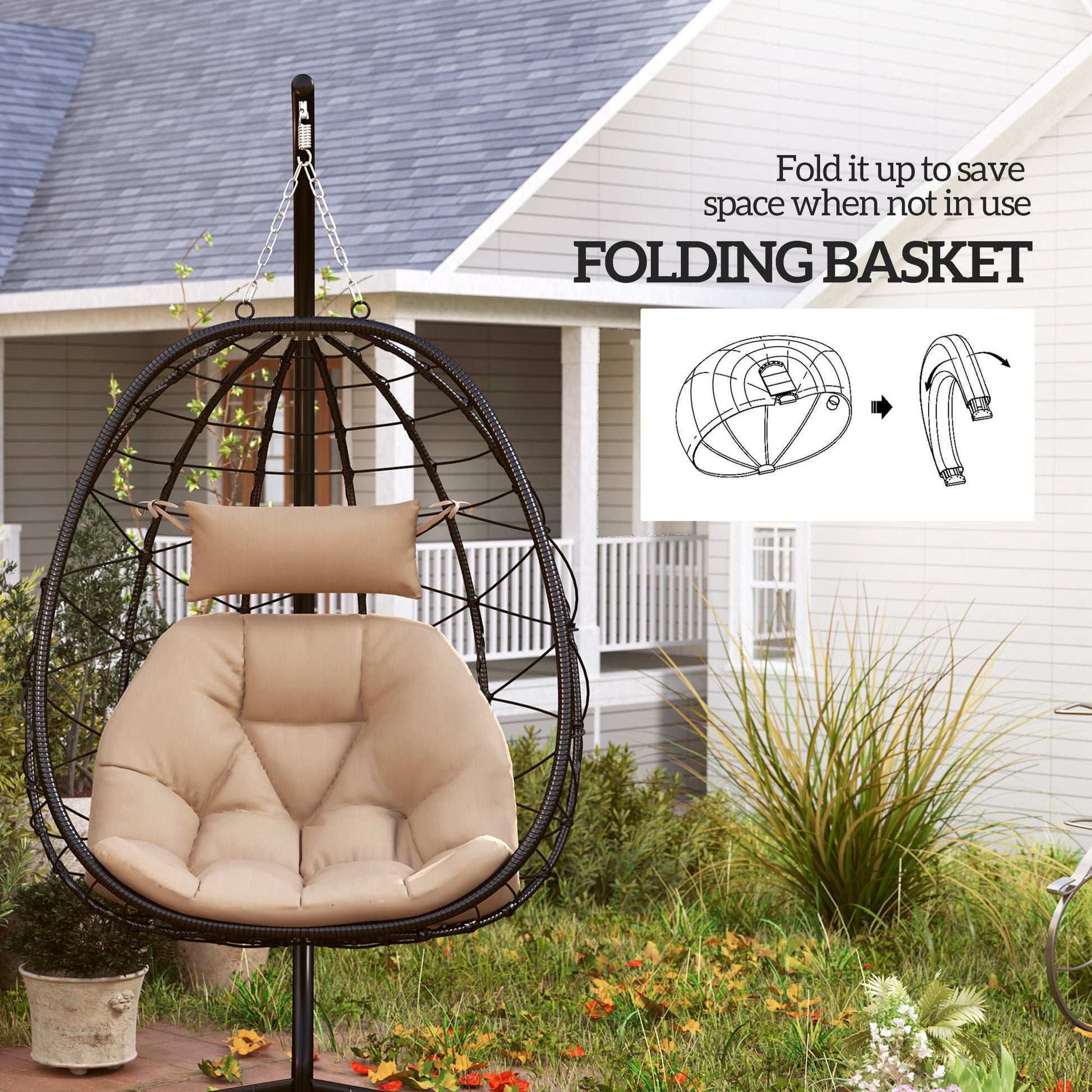 Hanging Egg Chair Outdoor Indoor Garden Swing Chair with Folding Basket, Thickened Cushion, Garden Hanging Chair with Stand, Headrest for Patio, Balcony, Khaki
