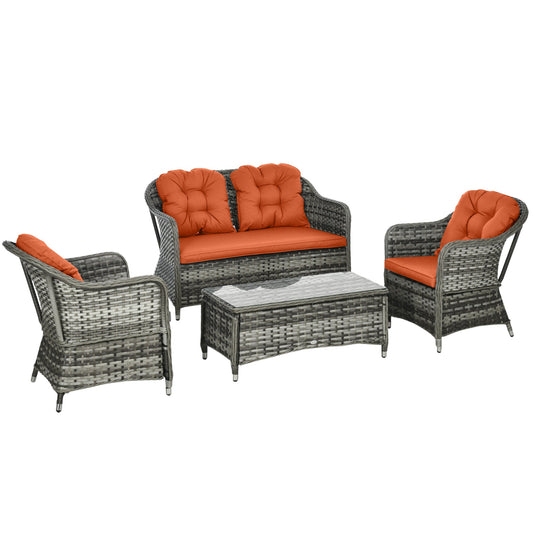 4 Pieces Outdoor PE Rattan Garden Furniture with Cushions, Patio Special Hand Weave Wicker Conservatory Sofa Set with Glass Top Coffee Table, Orange