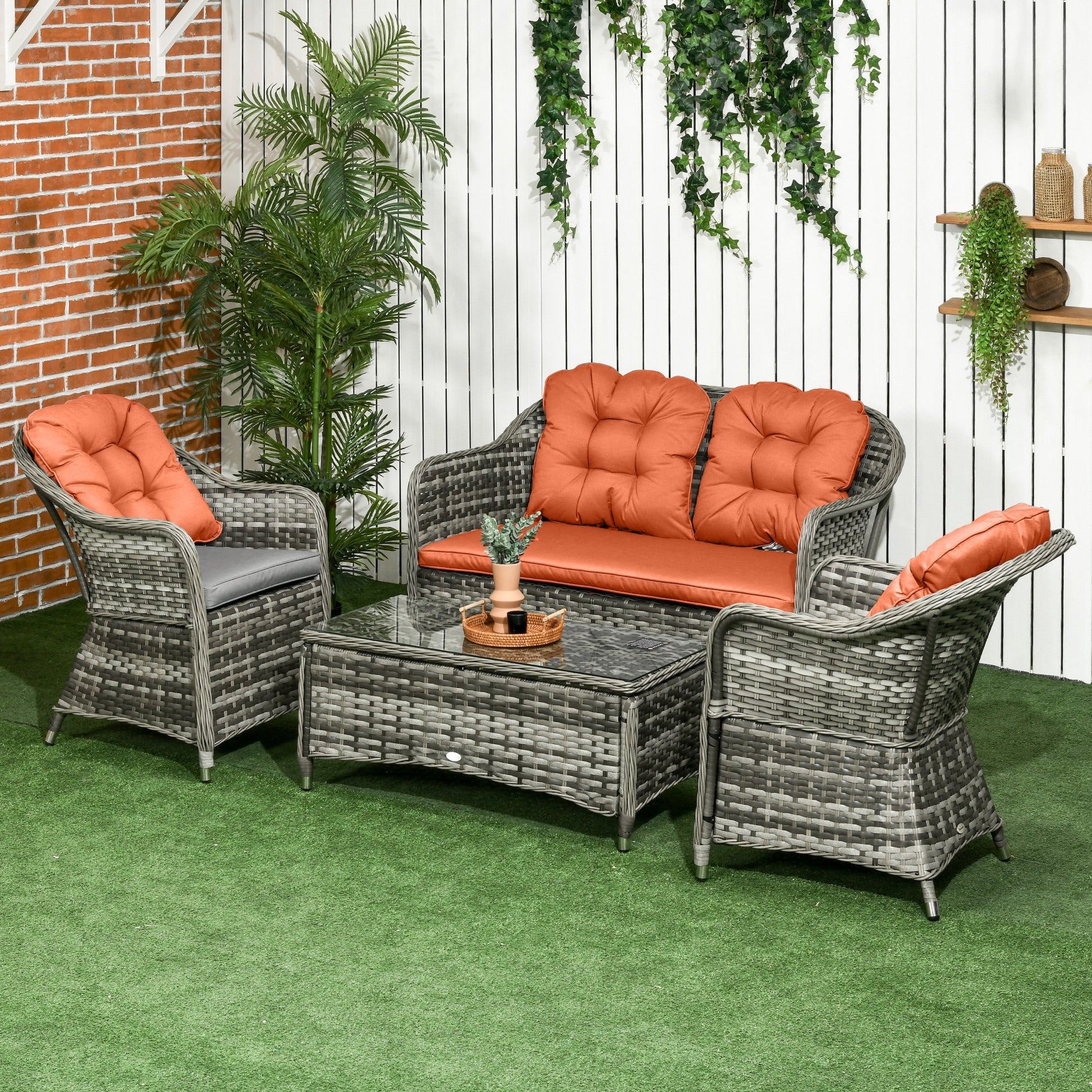 4 Pieces Outdoor PE Rattan Garden Furniture with Cushions, Patio Special Hand Weave Wicker Conservatory Sofa Set with Glass Top Coffee Table, Orange