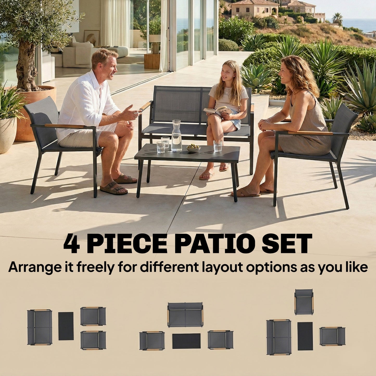 4 Seater Garden Furniture Set with Loveseat, 2 Armchairs, Metal-Top Table, Metal Garden Sofa Set with Breathable Mesh Seats, Outdoor Furniture Conversation Sets, Grey
