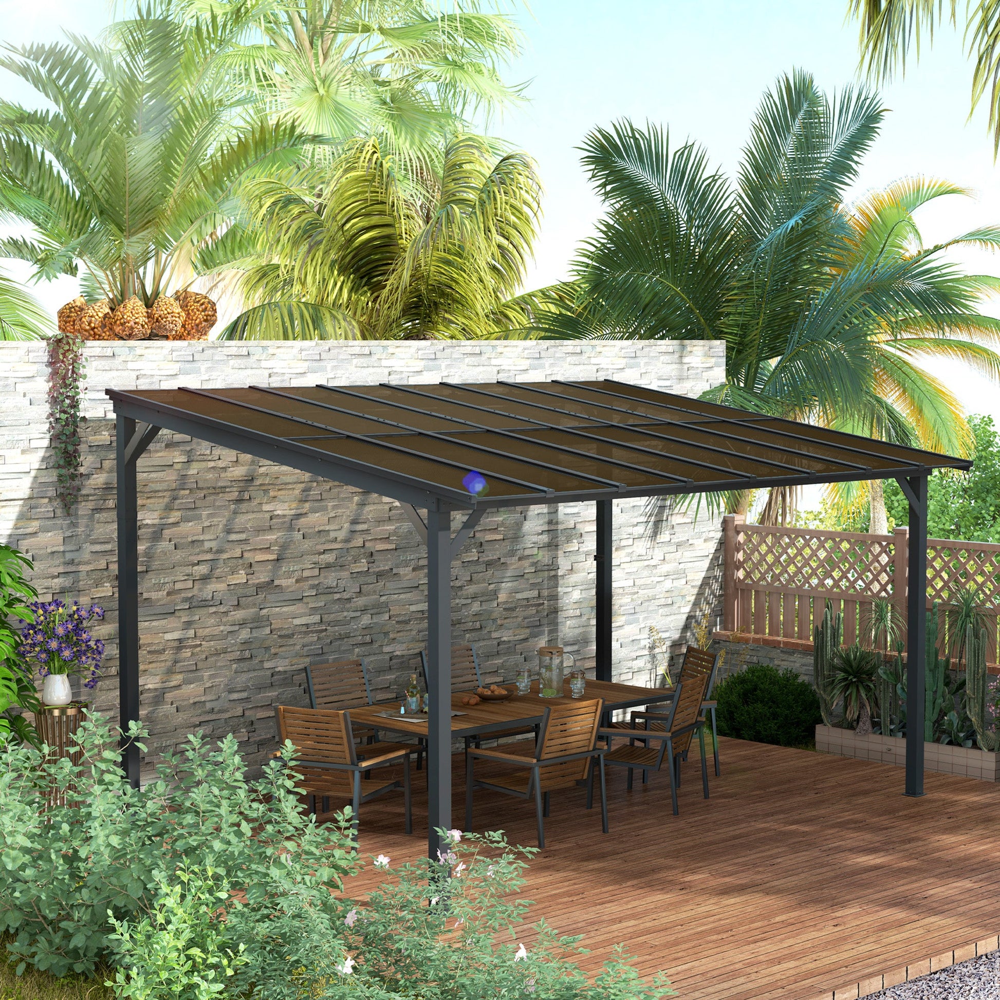 3 x 4.3m Metal Pergola with UPF 50+ and Waterproof Polycarbonate Roof, Wall-Mounted or Free Standing Garden Gazebo, Wind-resistant Outdoor Sun Shade, Dark Grey
