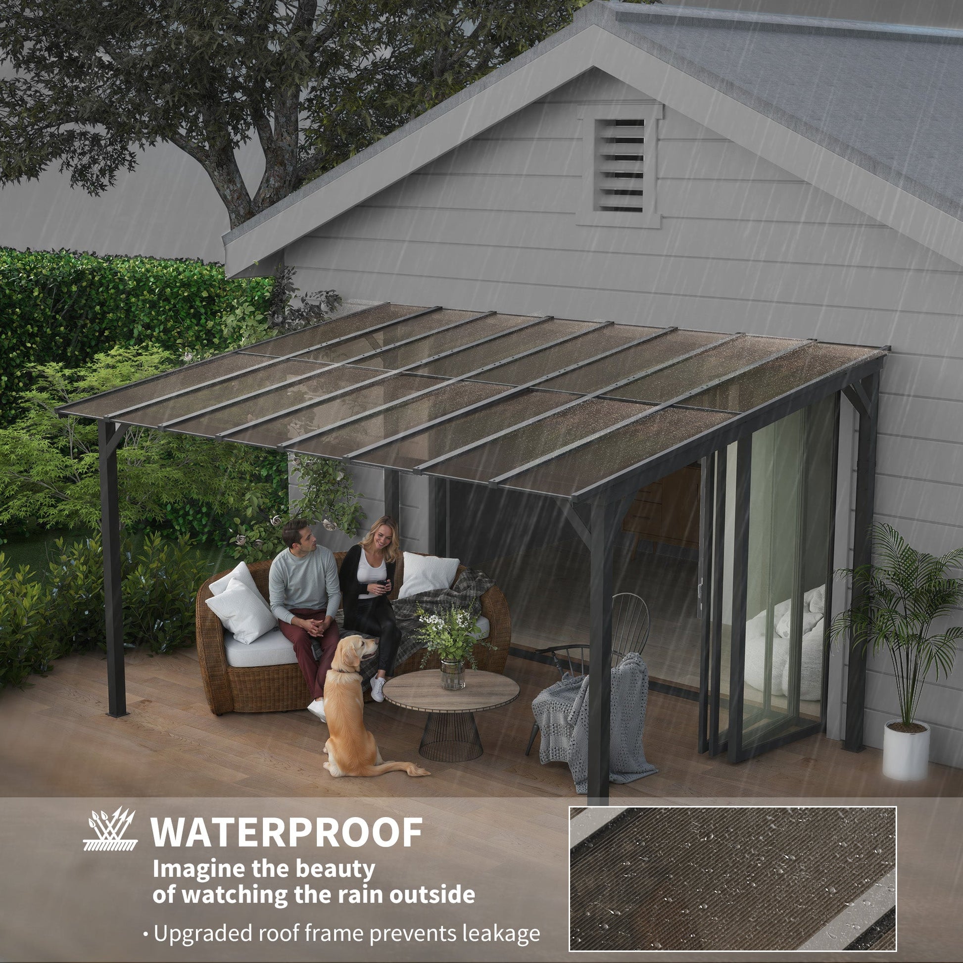 3 x 4.3m Metal Pergola with UPF 50+ and Waterproof Polycarbonate Roof, Wall-Mounted or Free Standing Garden Gazebo, Wind-resistant Outdoor Sun Shade, Dark Grey
