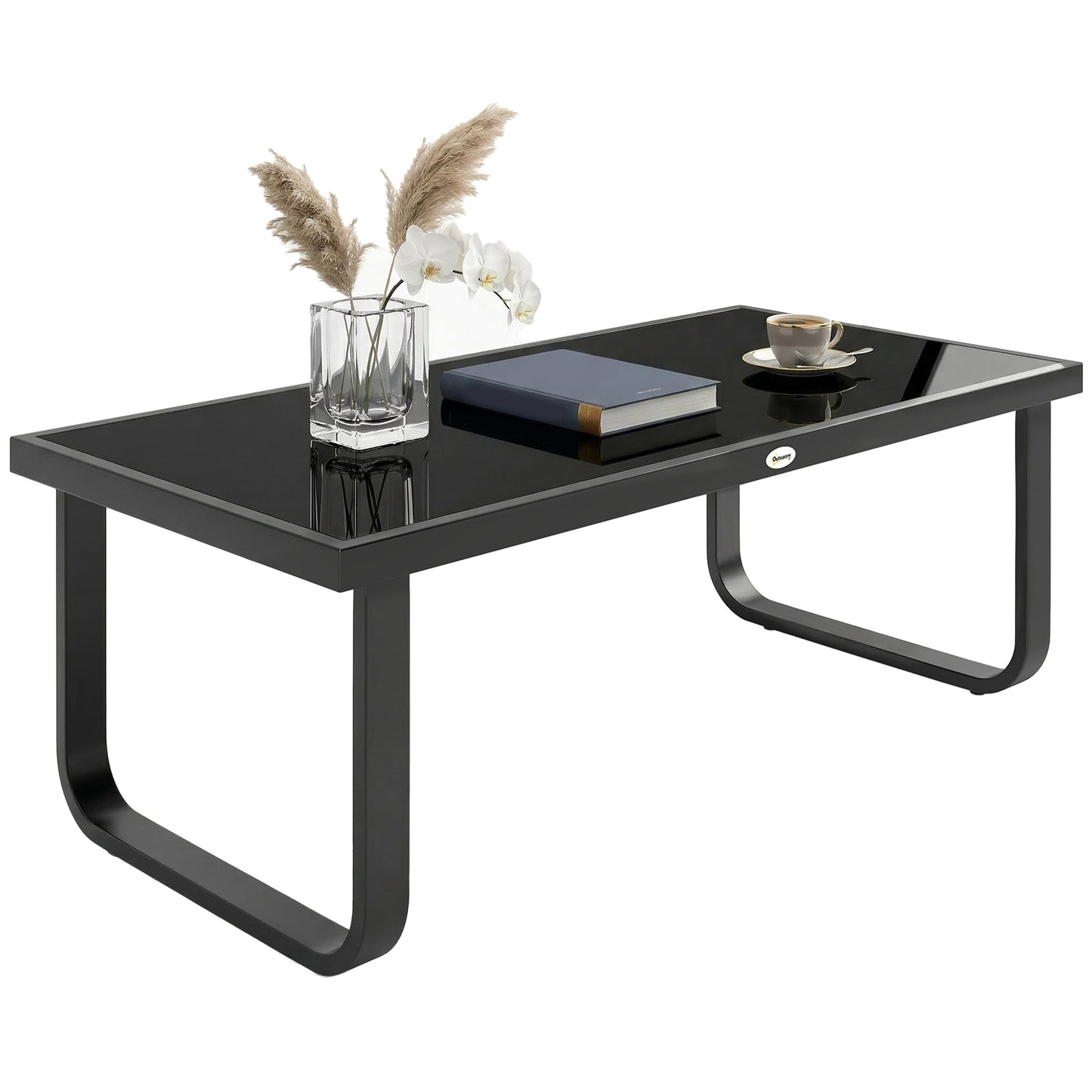 Metal Garden Coffee Table, Outdoor Rectangle Side Table with Tempered Glass Tabletop and Adjustable Foot Pads for Terrace, Balcony, Patio, 90 x 45 x 33 cm, Black