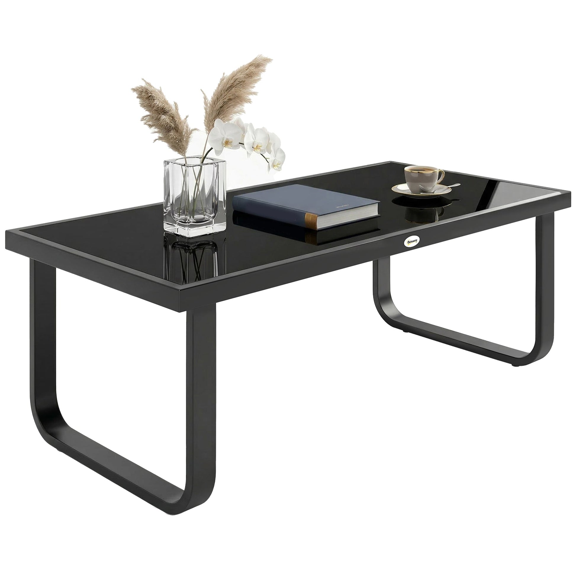 Metal Garden Coffee Table, Outdoor Rectangle Side Table with Tempered Glass Tabletop and Adjustable Foot Pads for Terrace, Balcony, Patio, 90 x 45 x 33 cm, Black